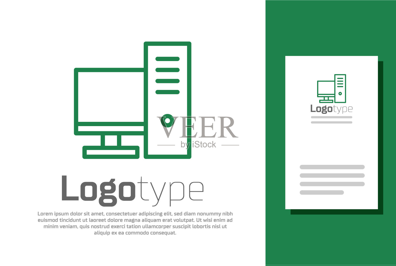 绿线电脑显示器图标隔离在白色图标素材