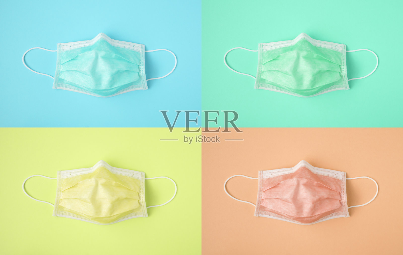 彩色背景的外科口罩,以抵御COVID-19冠状病毒。医疗保健和医疗理念,简约风格照片摄影图片