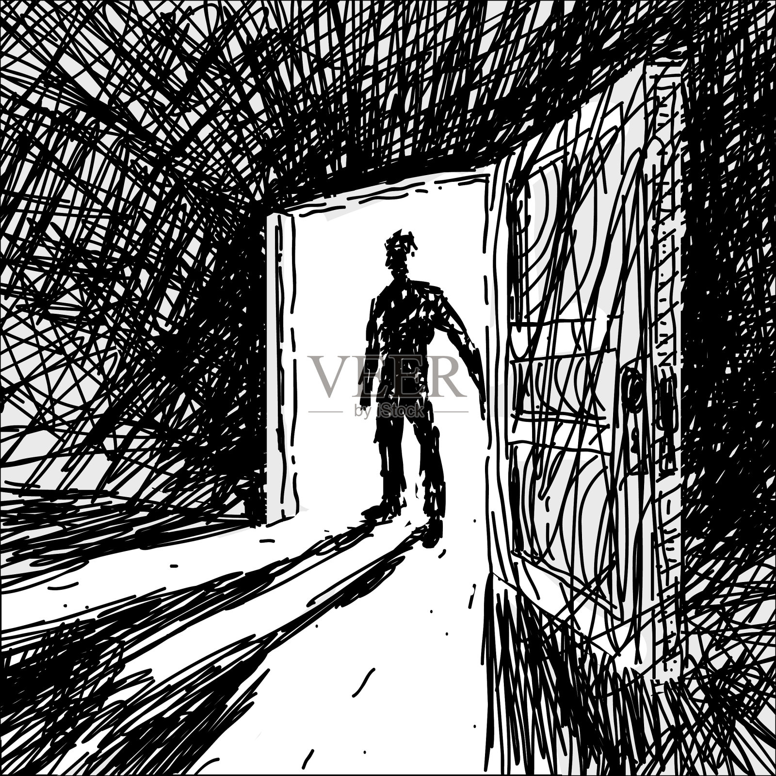 男人进入暗室插画图片素材