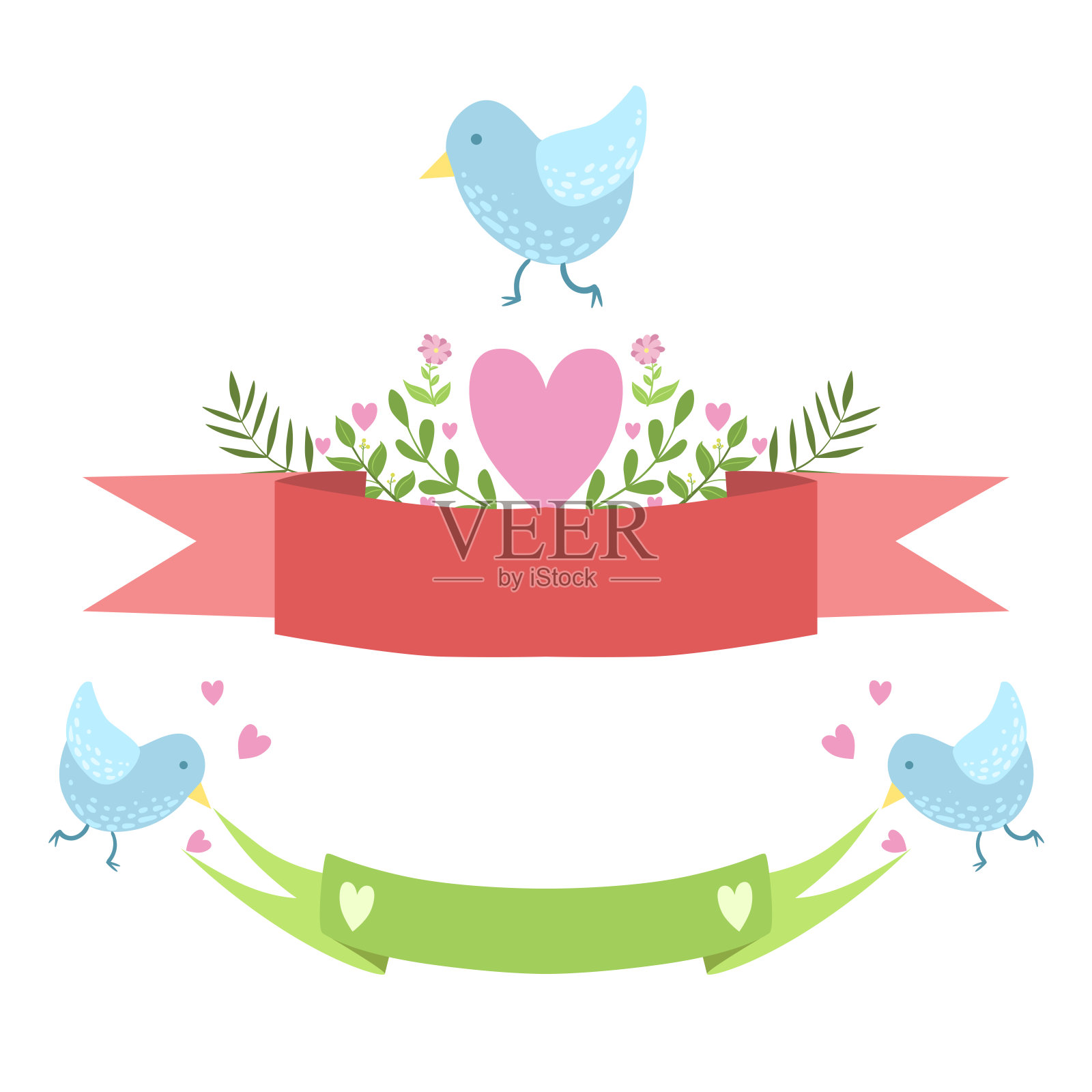 鸟丝带和心形贴纸模板插画图片素材