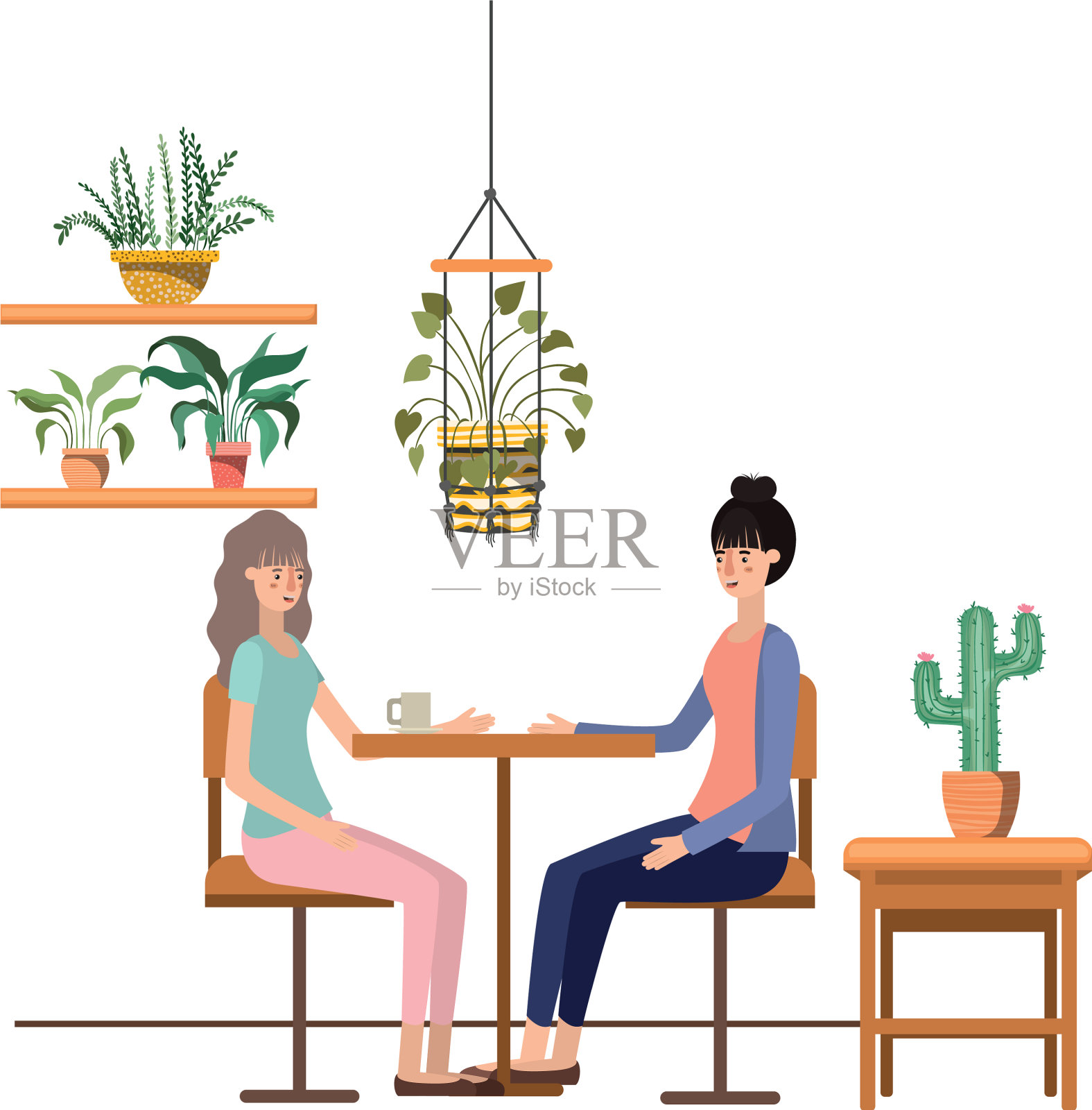 在客厅喝咖啡的女人插画图片素材