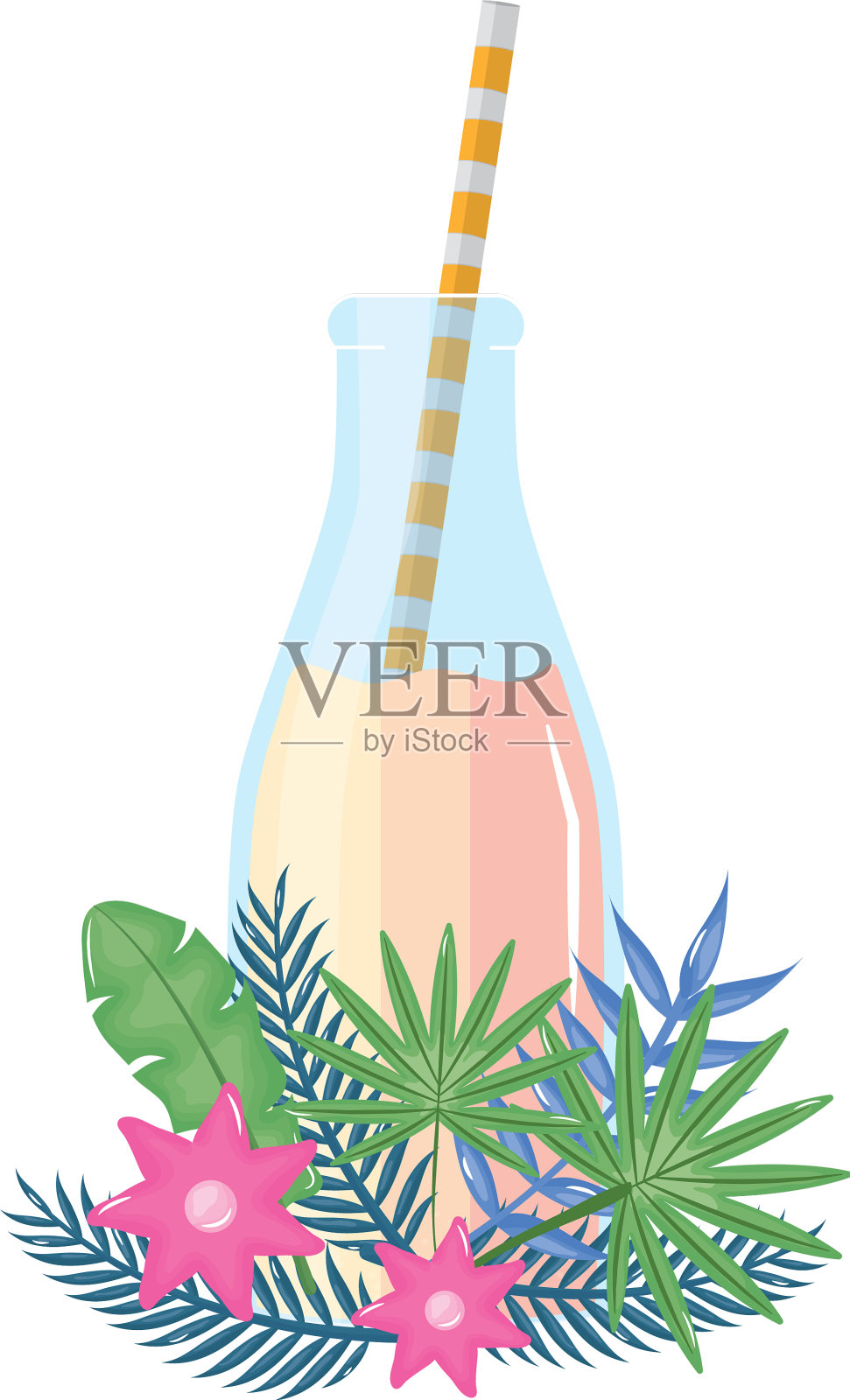 新鲜果汁水果瓶与吸管在花设计元素图片