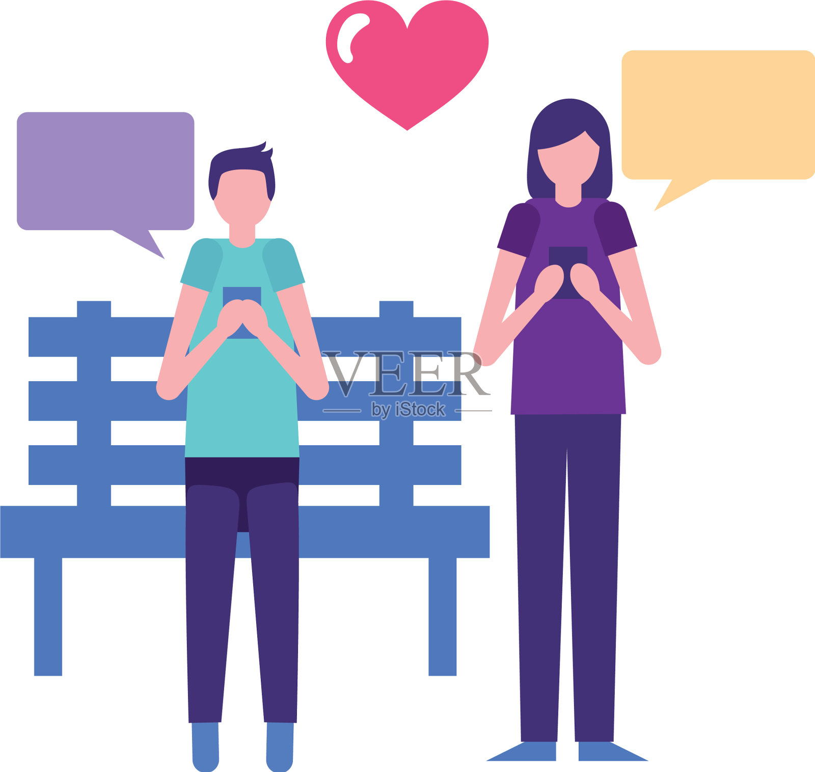 情侣在长椅公园玩手机设计元素图片