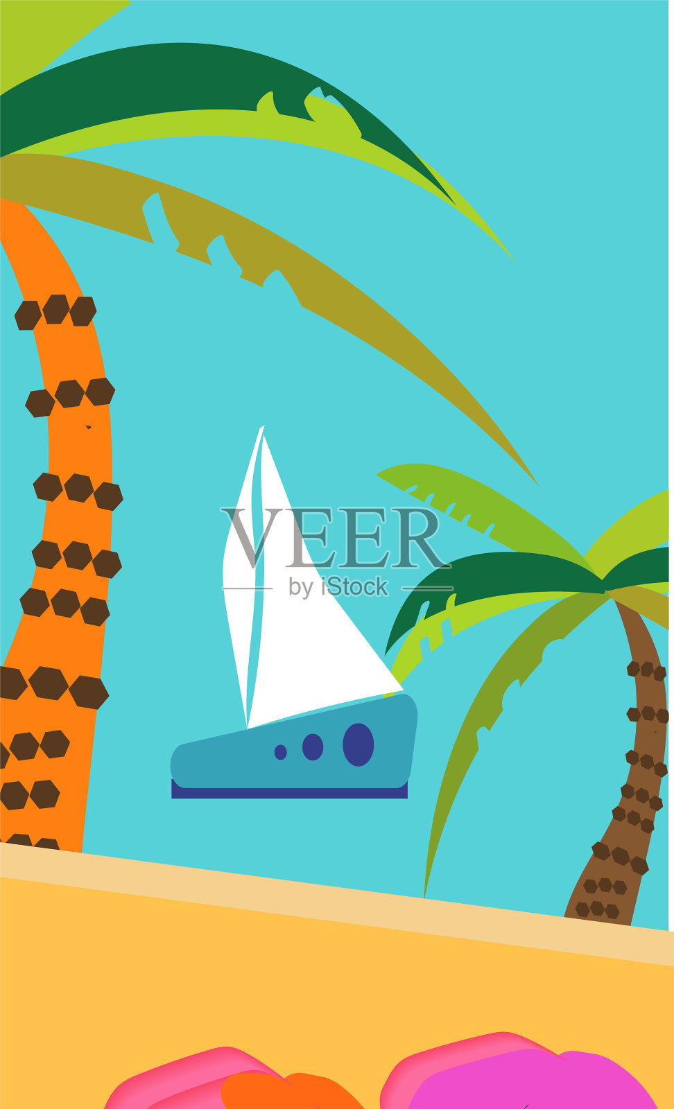 夏季热带背景与棕榈树的天空图标素材