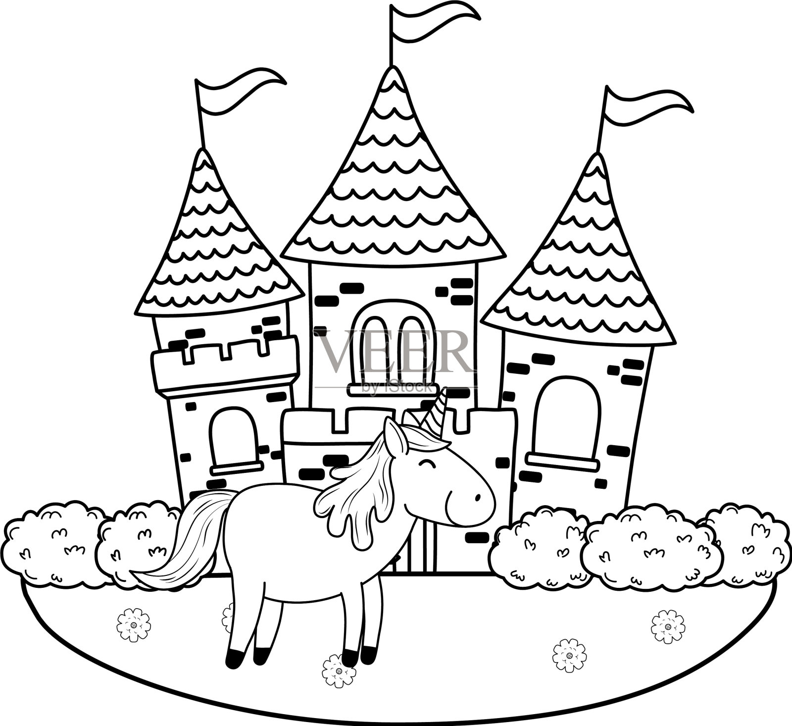 童话里可爱的独角兽和城堡设计元素图片