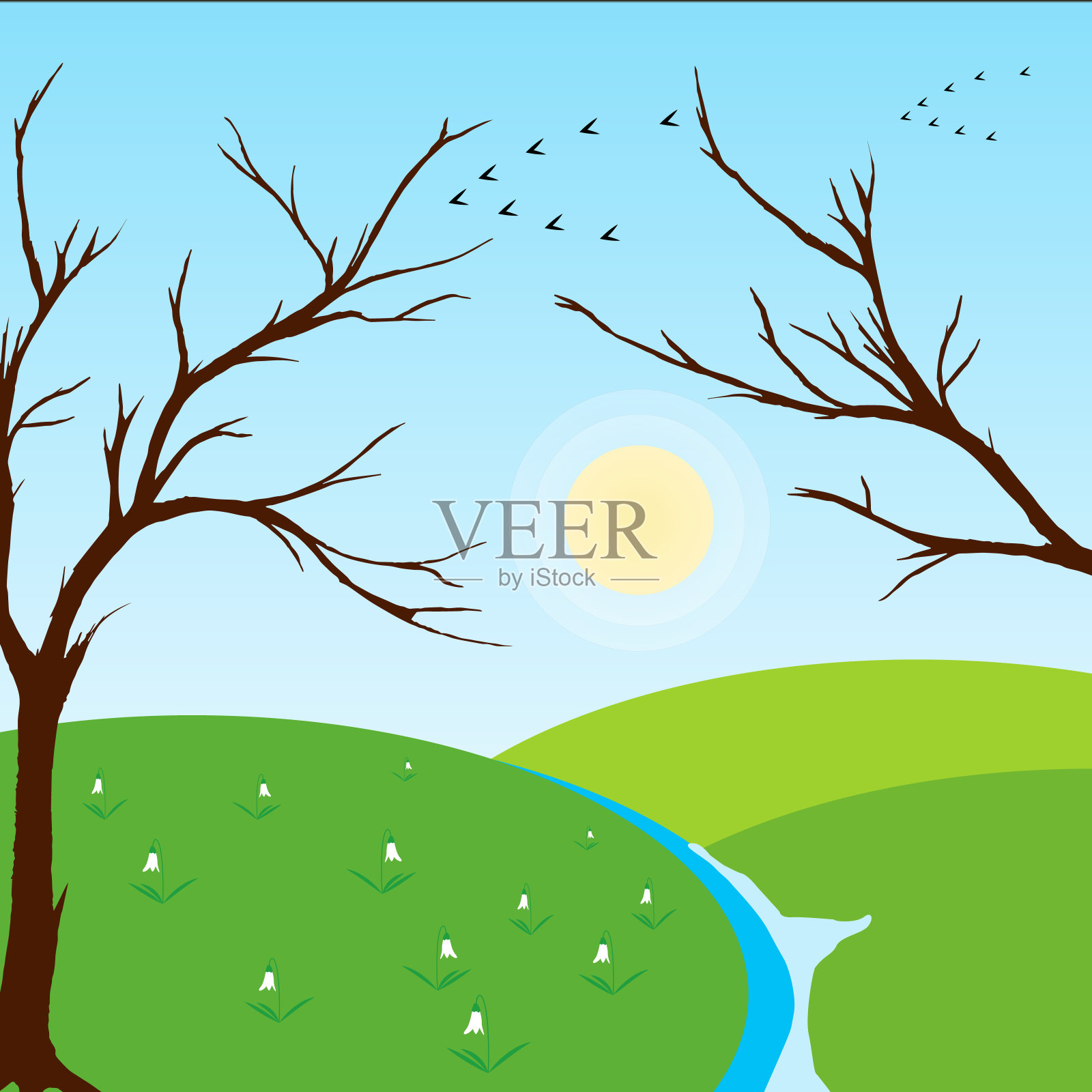 丘陵景观与河流和树木在日落与多云的天空在背景矢量插画图片素材