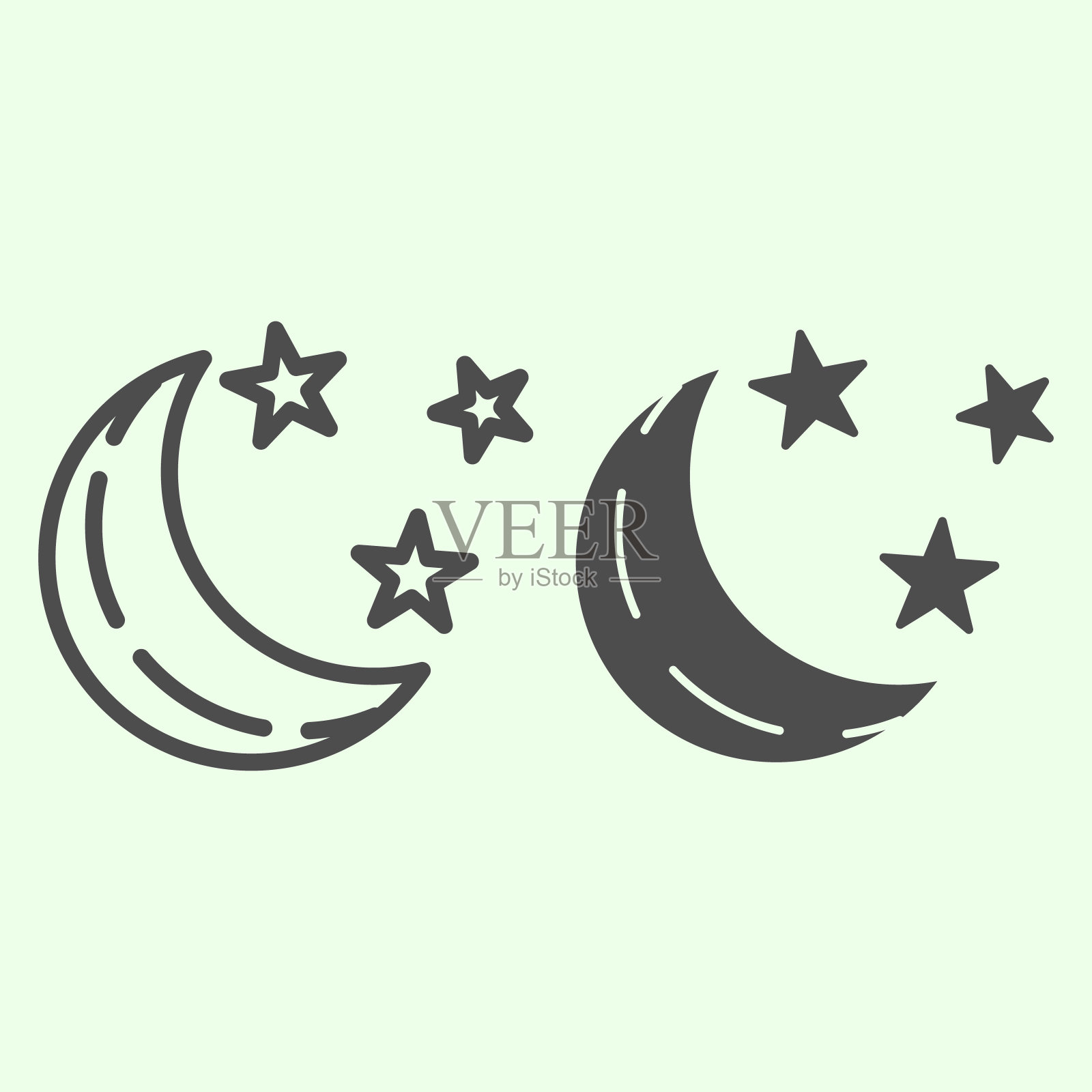 月球天气线和固体图标。月亮、新月和星星轮廓风格的象形文字在白色的背景上。移动概念和网页设计的夜间标识。矢量图形。插画图片素材