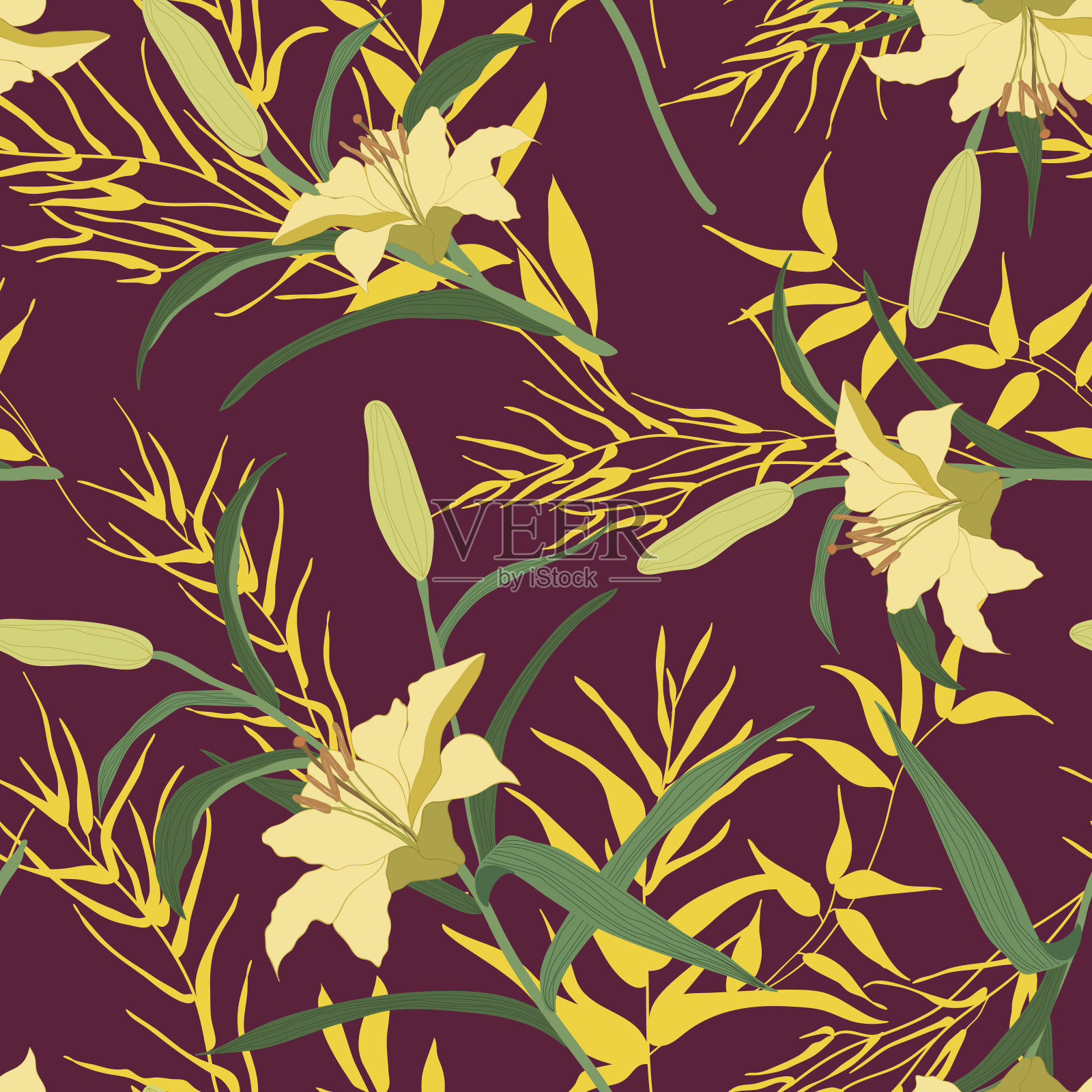 花花无缝图案。百合花,枝叶凌乱。时髦的抽象矢量纹理。适用于时尚印花、面料、设计。手绘花在丁香的背景插画图片素材