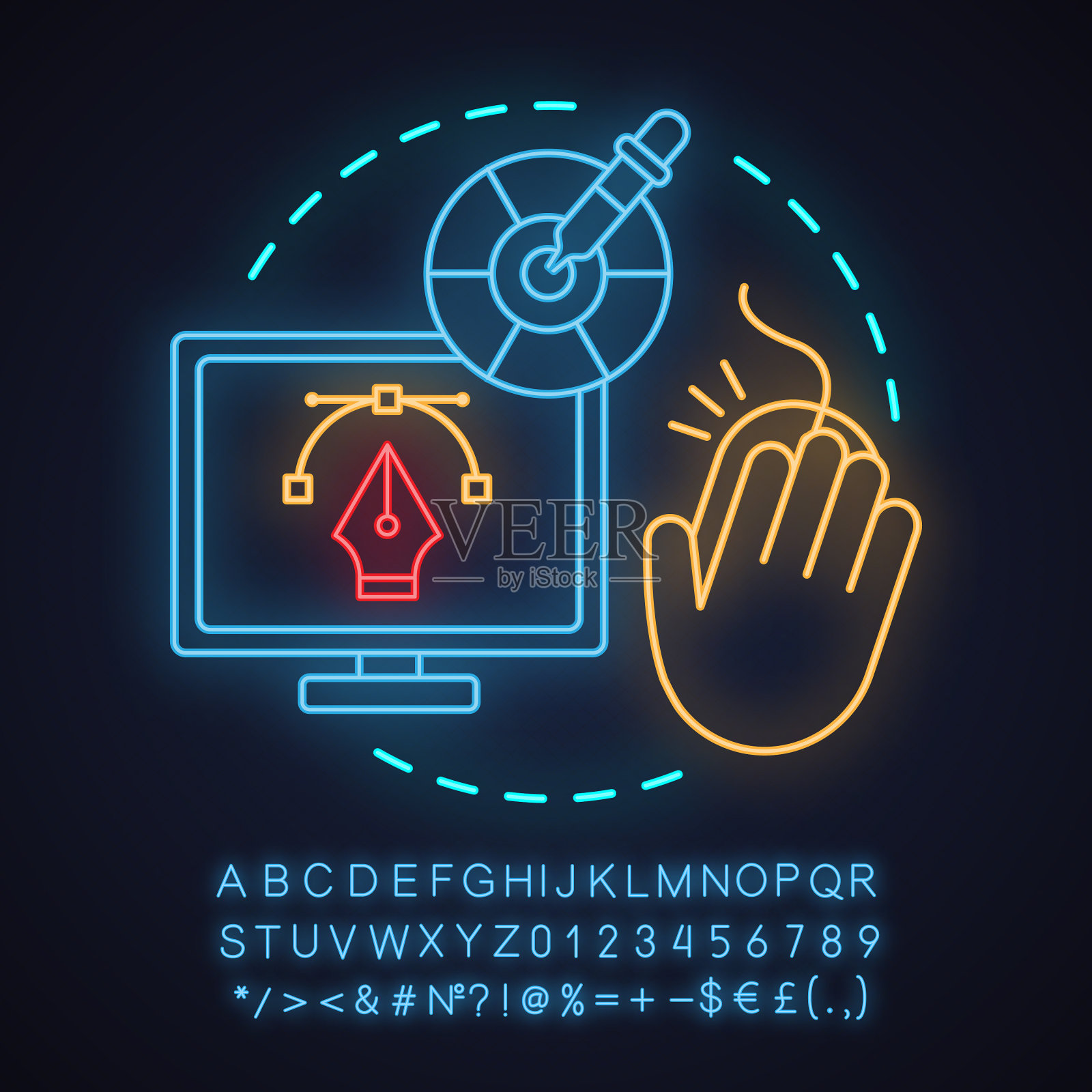 计算机图形霓虹灯概念图标插画图片素材