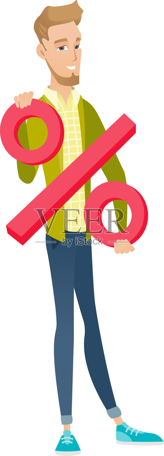 年轻的白人商人举着百分之百的牌子设计元素图片