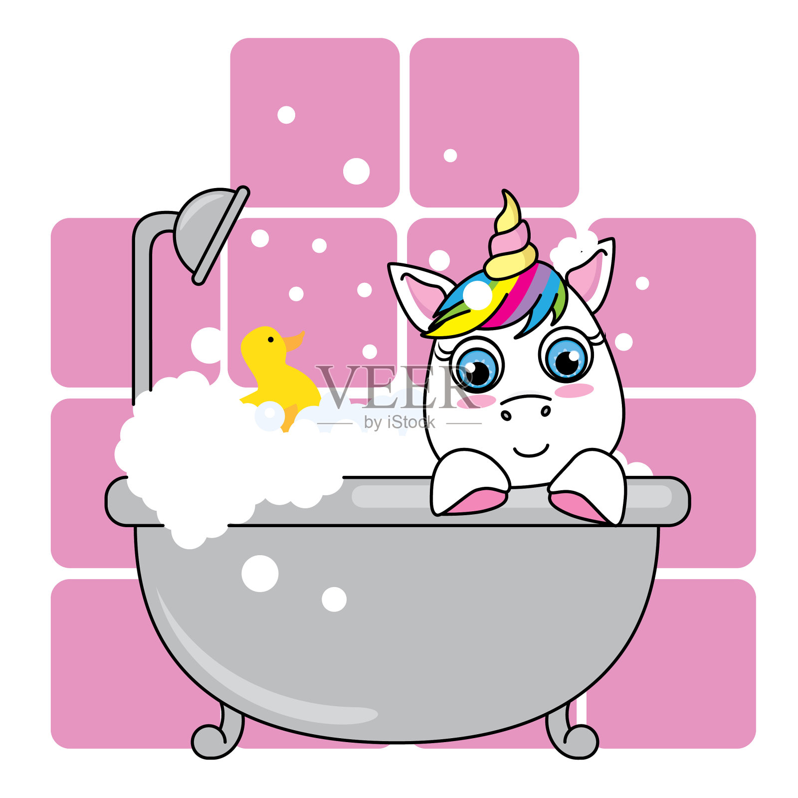 粉色背景下浴室里可爱的独角兽设计元素图片