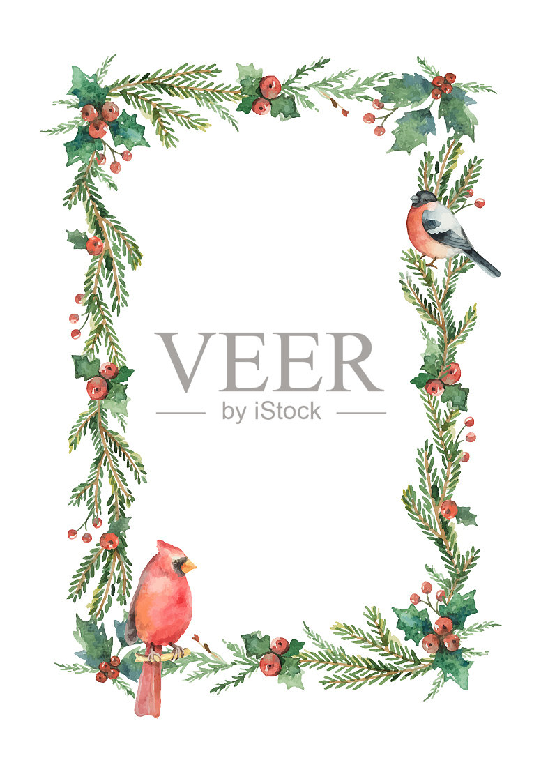 水彩圣诞花束,鸟和设计元素图片