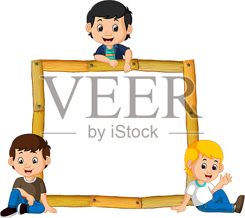 孩子们坐在有树根和树叶的木架上设计元素图片