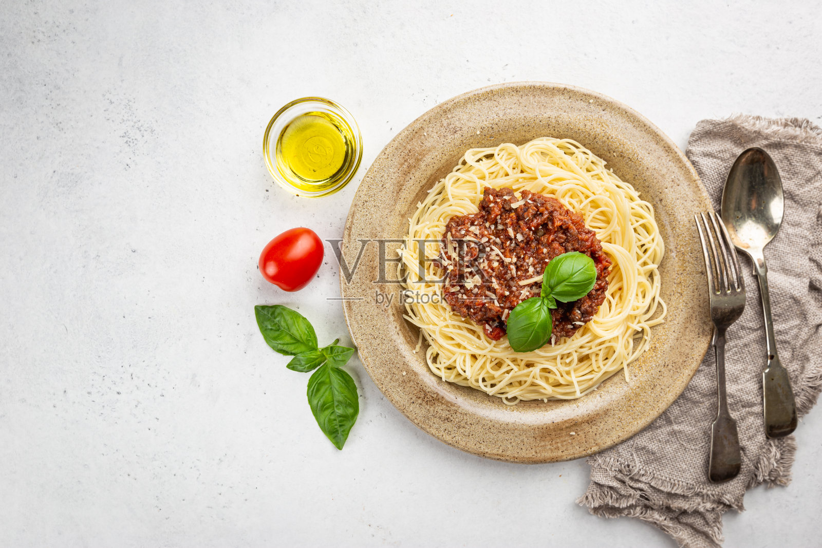 意大利肉酱面,俯视图照片摄影图片