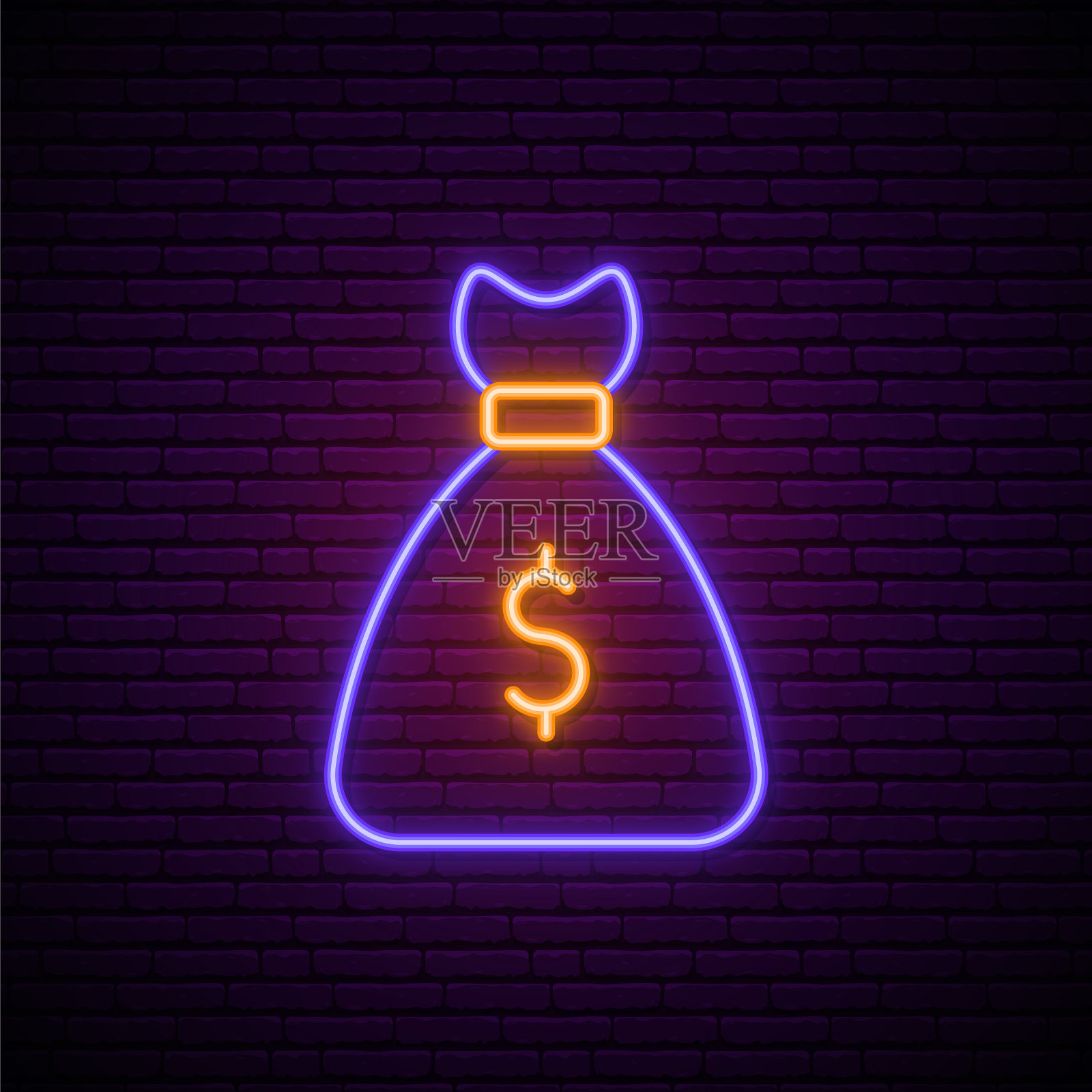霓虹美元符号。明亮的发光袋与美元符号在黑暗的砖墙背景。股票矢量插图。插画图片素材