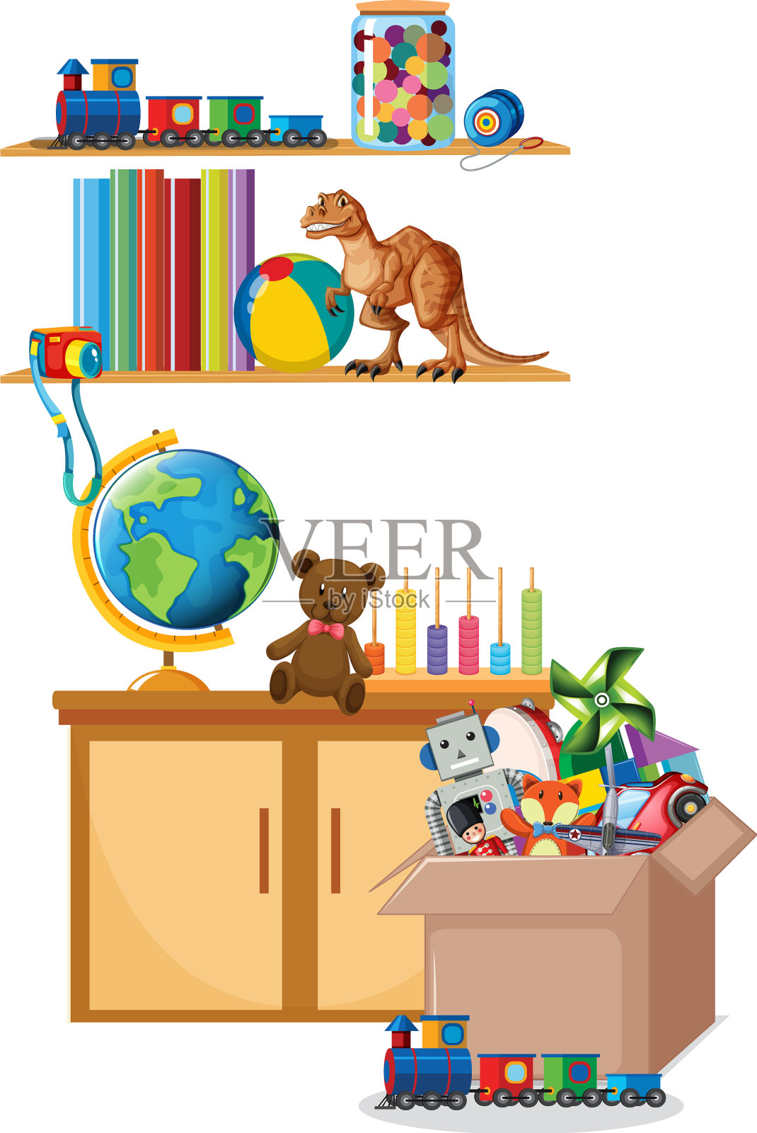 架子和箱子上的玩具在白色的背景设计元素图片