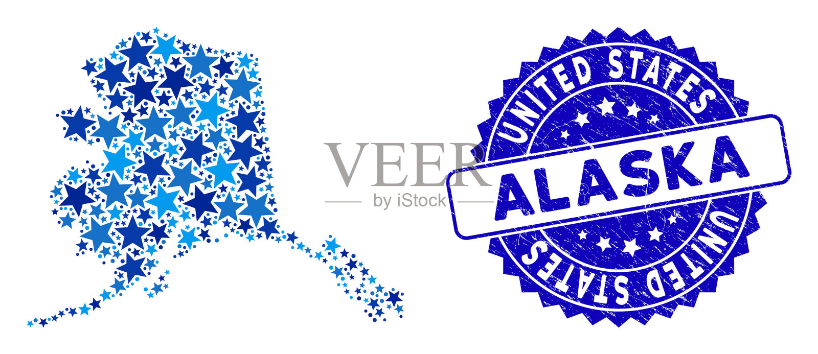 蓝星阿拉斯加地图马赛克和遇险邮票插画图片素材