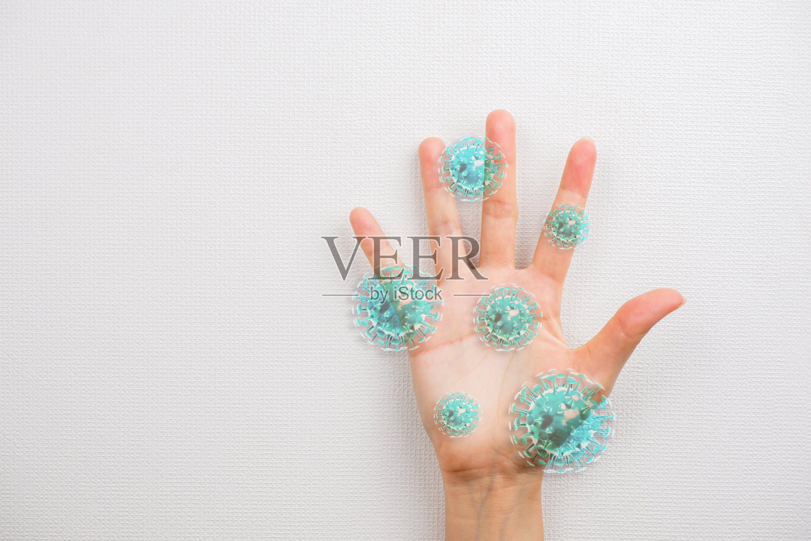 冠状病毒流感和COVID-19 (2019-nCoV)。病毒细胞从人的手分离在白色背景。细菌细胞的3D渲染,病理。医疗保健的概念。照片摄影图片