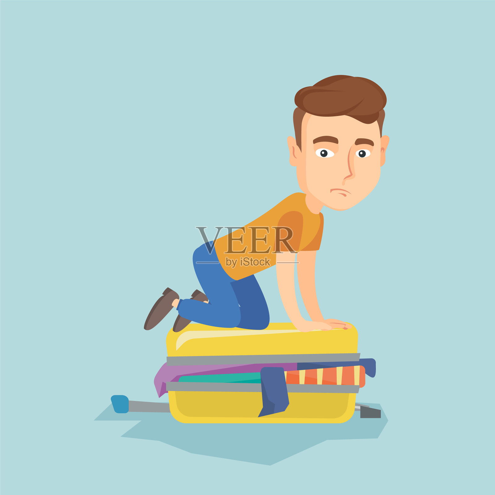 年轻人试图合上行李箱插画图片素材