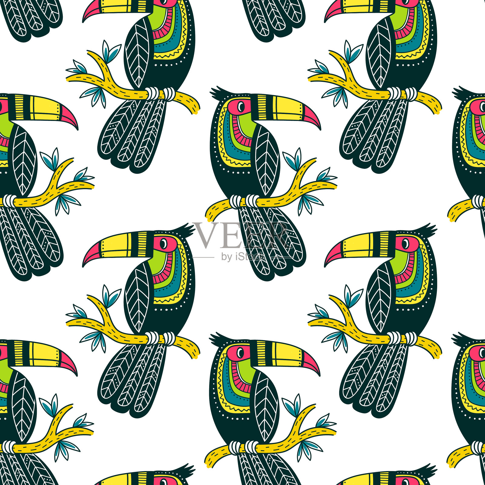可爱多彩的巨嘴鸟无缝图案在波西米亚插画图片素材