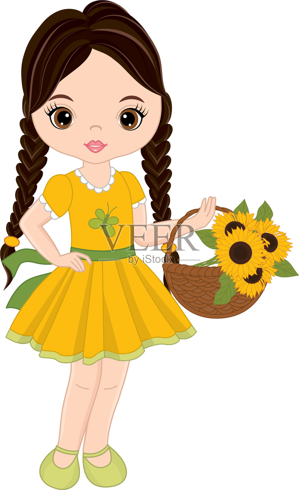 带着向日葵篮子的可爱小女孩设计元素图片