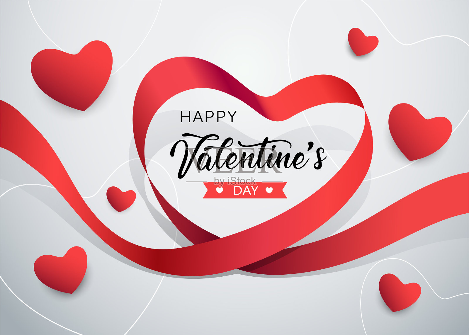 情人节快乐,红丝带心形横幅设计模板素材