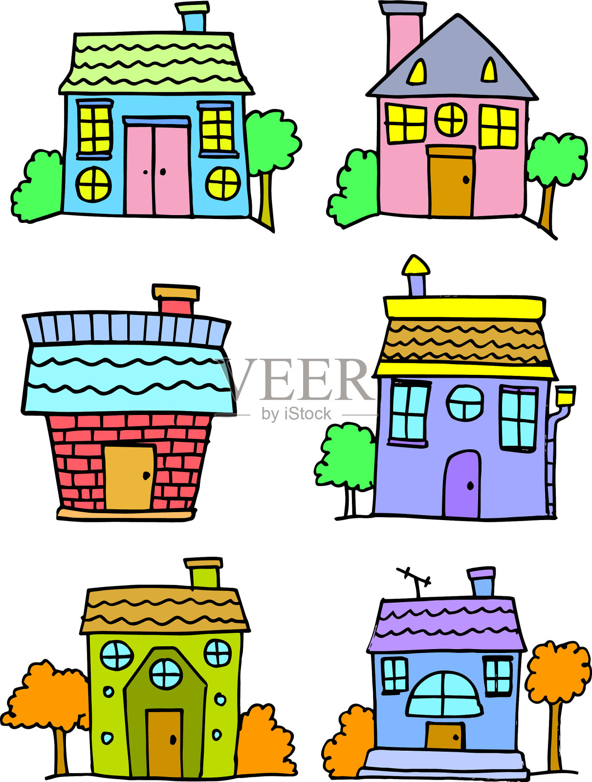 房屋涂鸦集彩色卡通图标素材