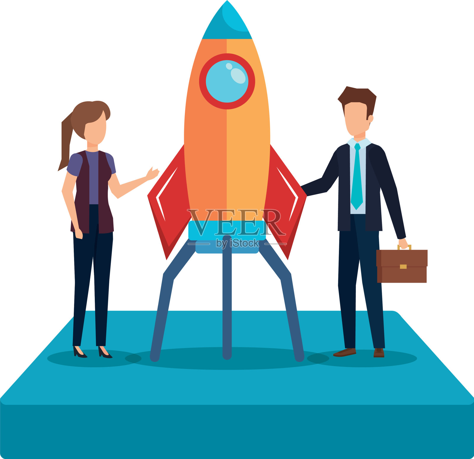 商业夫妇与火箭启动插画图片素材