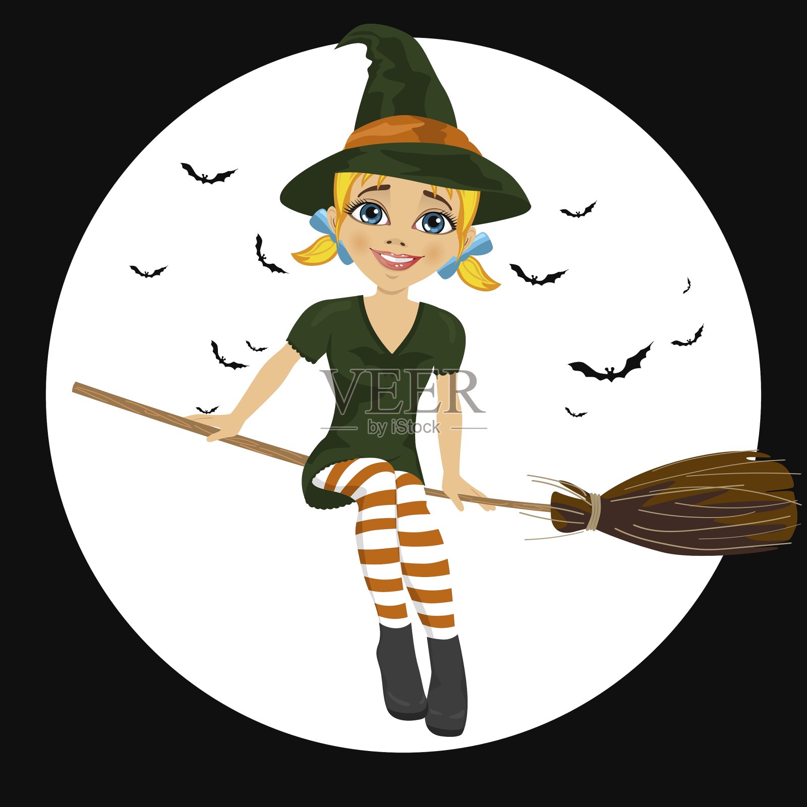 穿着绿衣服的女巫骑着扫帚飞插画图片素材