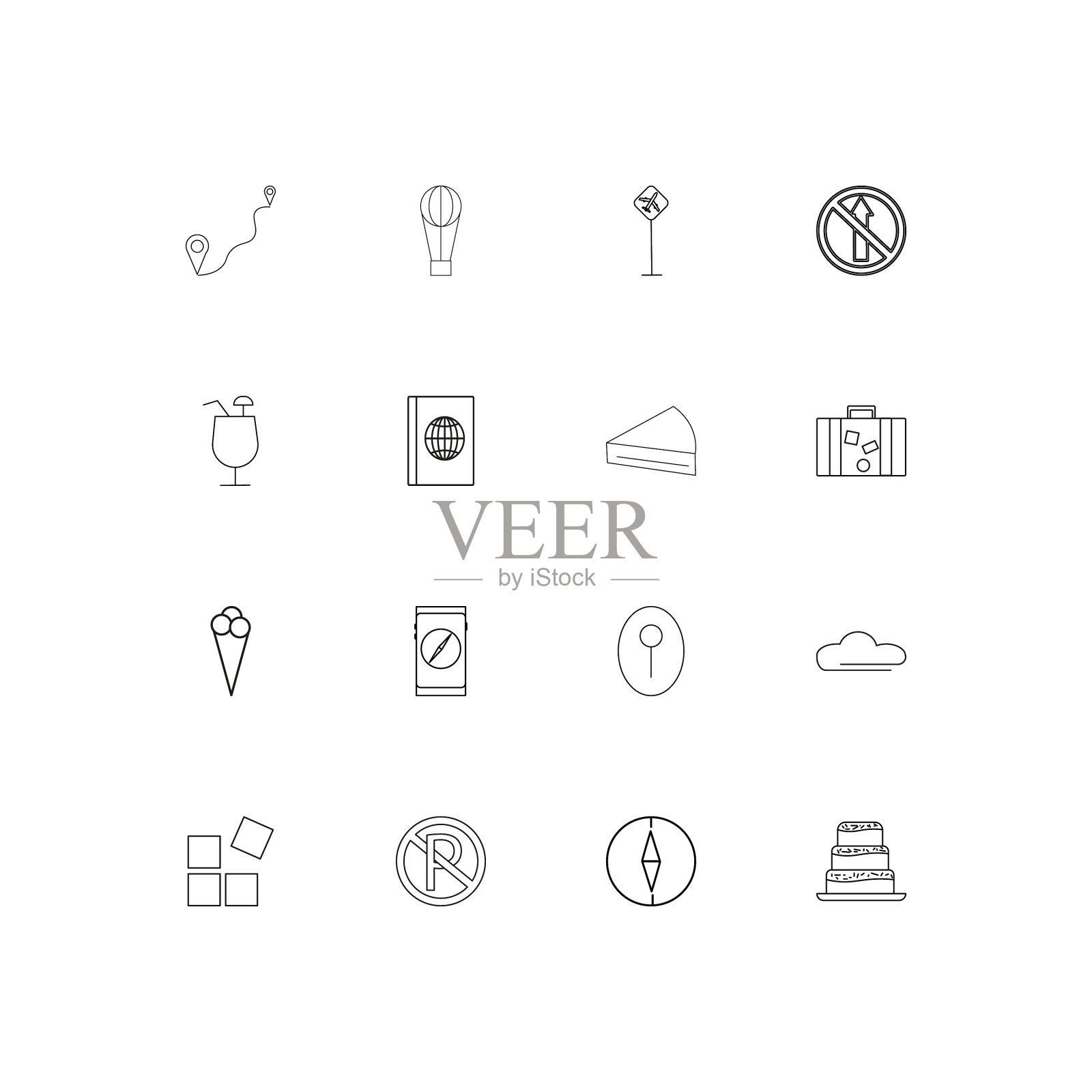 旅游和旅游线性瘦图标设置概述图标素材