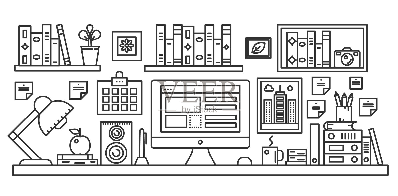 线性办公桌子与电脑工作空间和图标素材