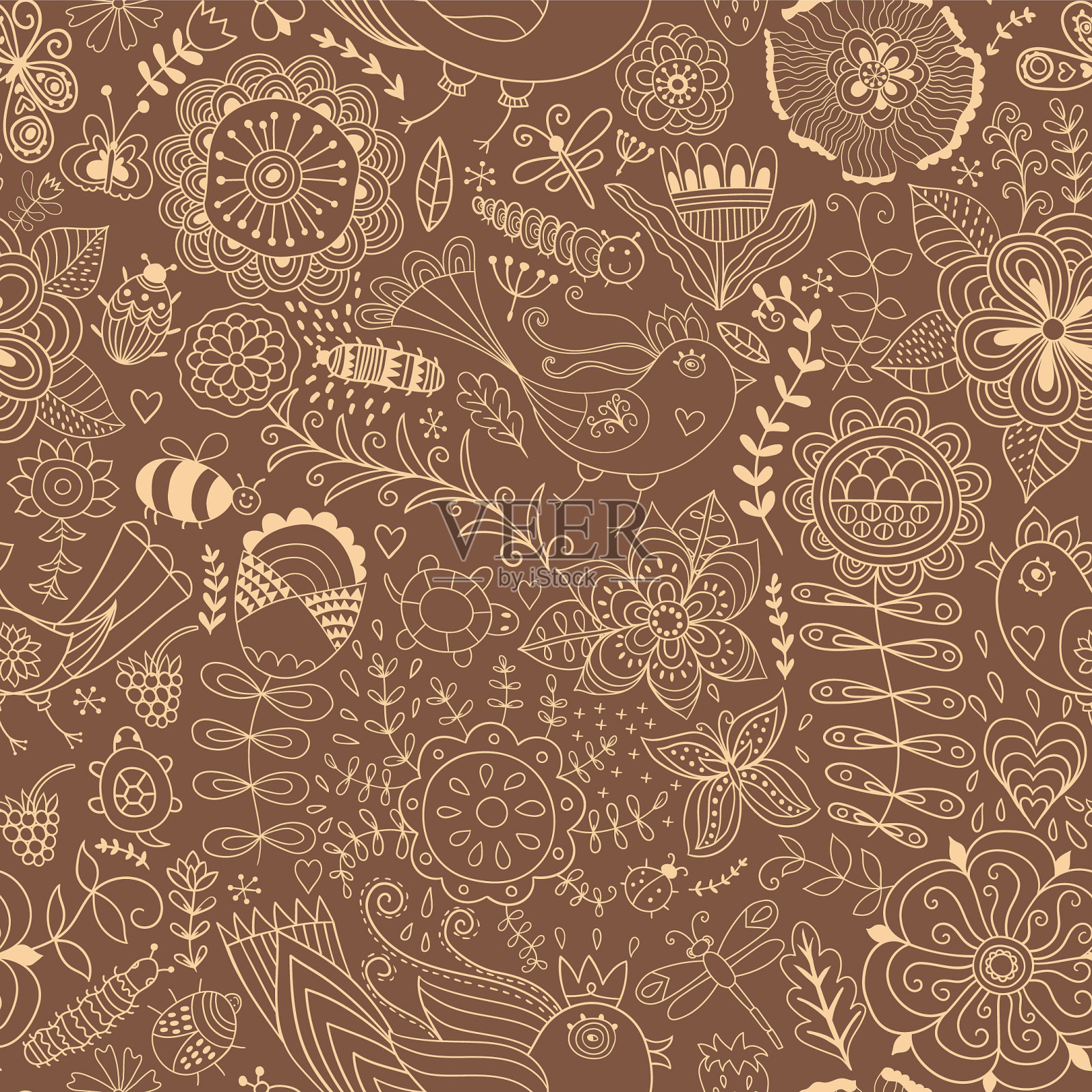 丰富多彩的无缝植物纹理详细插画图片素材