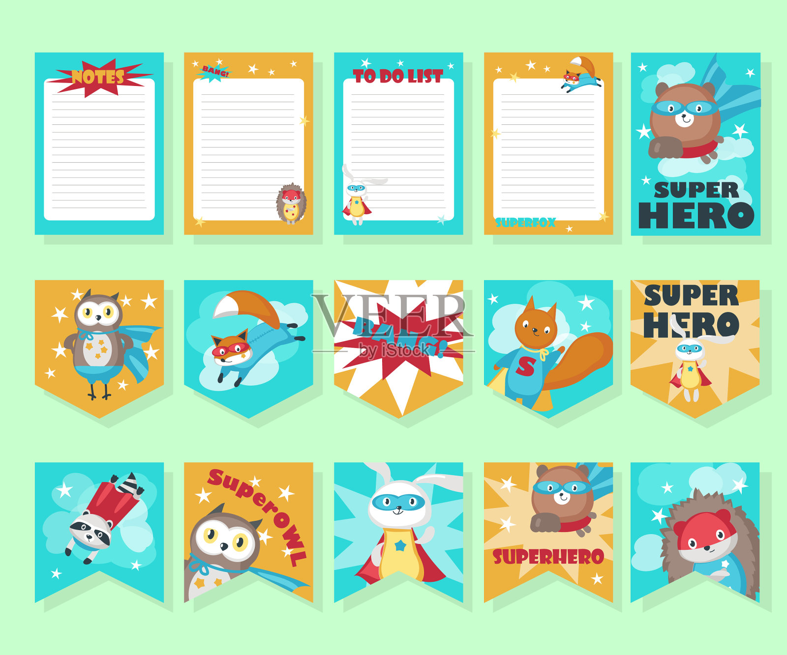 一套可爱的超级英雄动物卡片插画图片素材