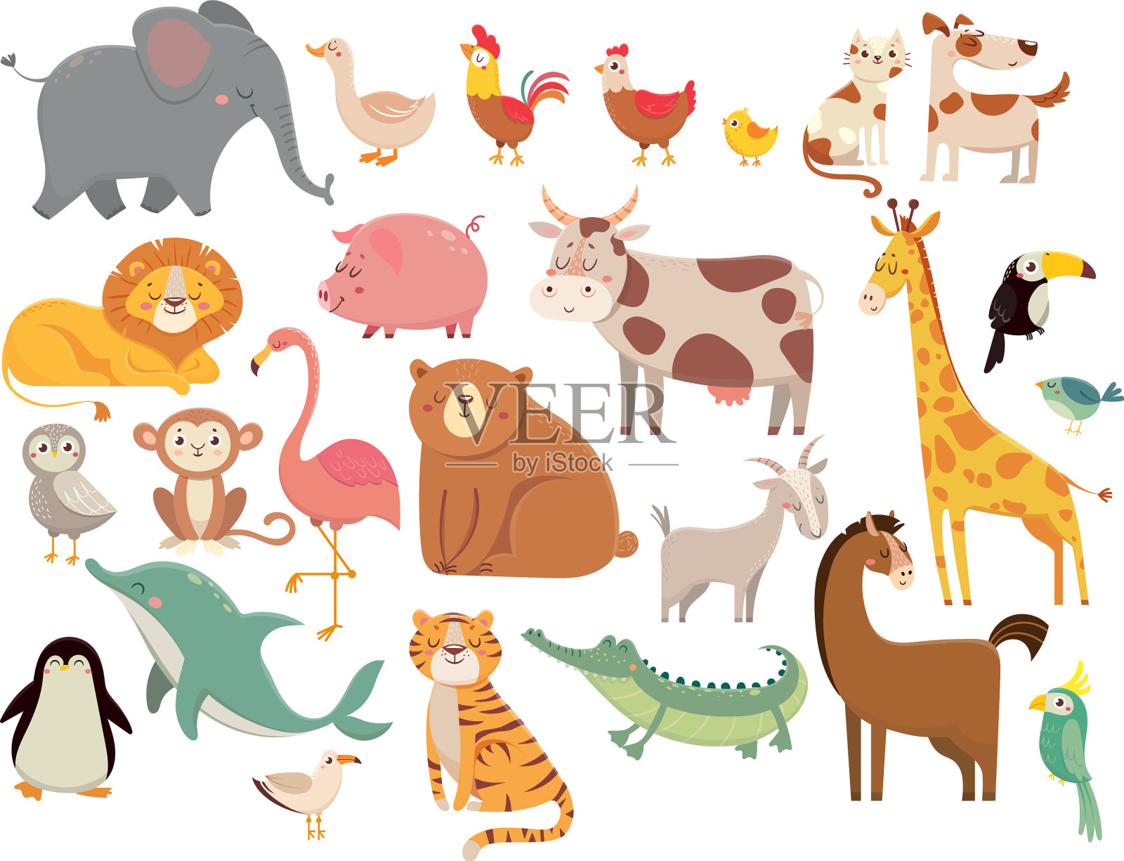 卡通动物可爱的大象和狮子长颈鹿设计元素图片