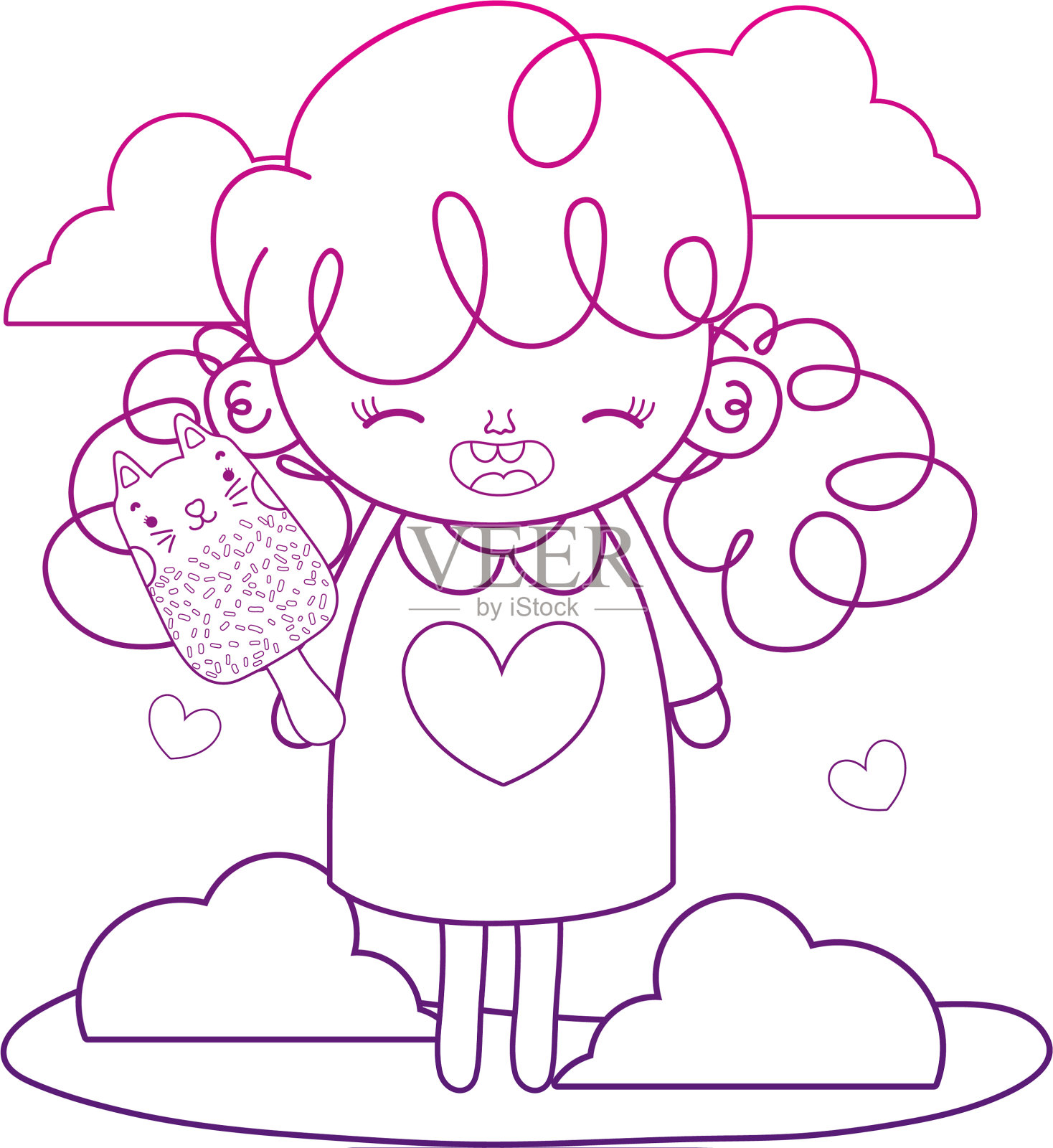 堕落的轮廓女孩与可爱的猫冰棒设计元素图片