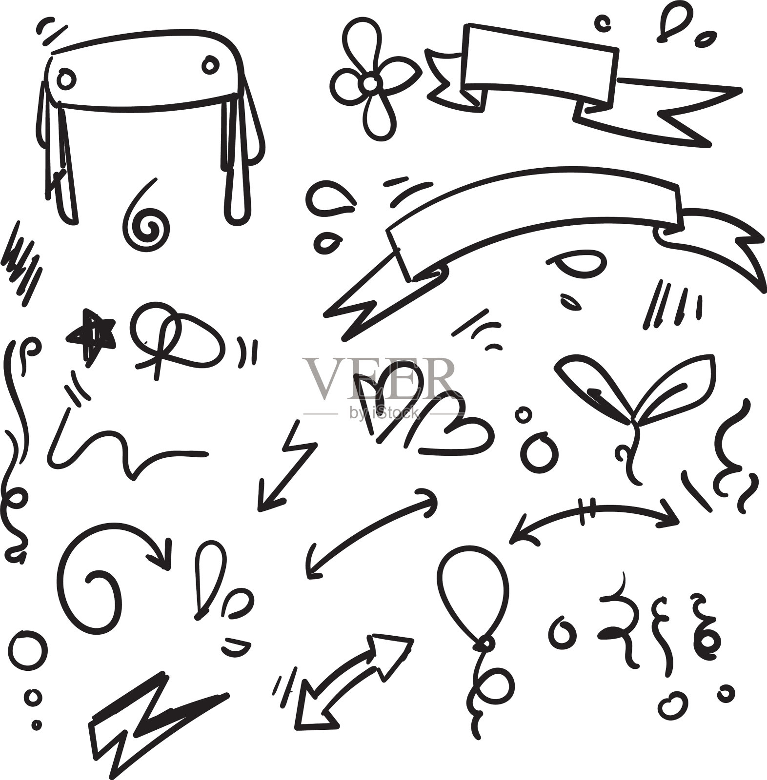 手绘集合元素涂鸦与黑色线上图标素材