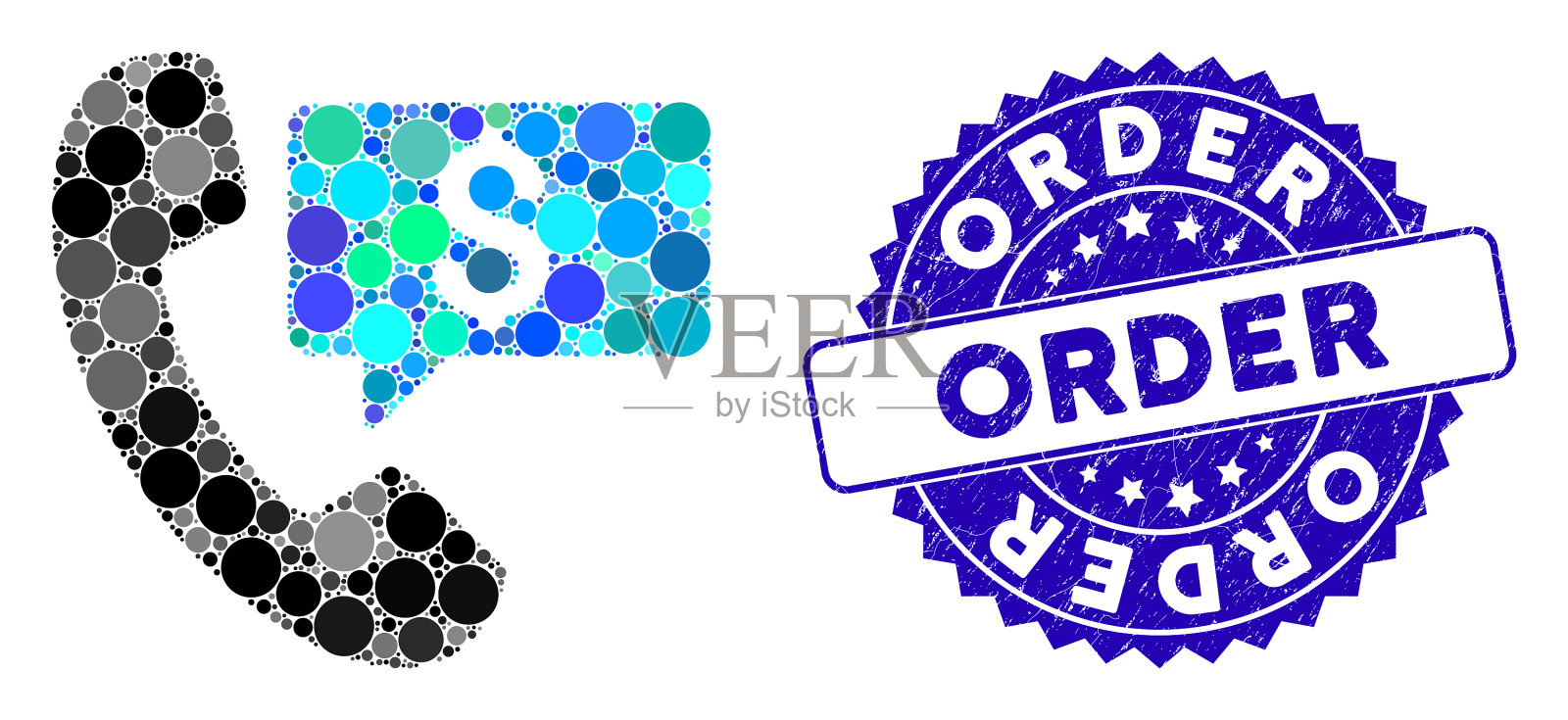 拼贴电话订单图标与垃圾订单印章插画图片素材