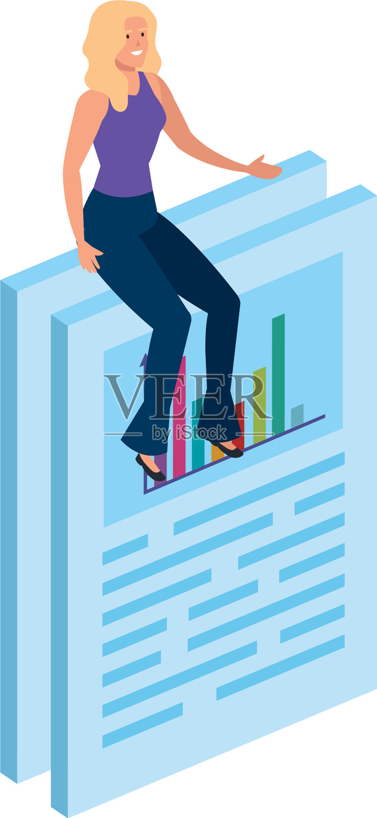 女人坐在文件和信息图表设计元素图片