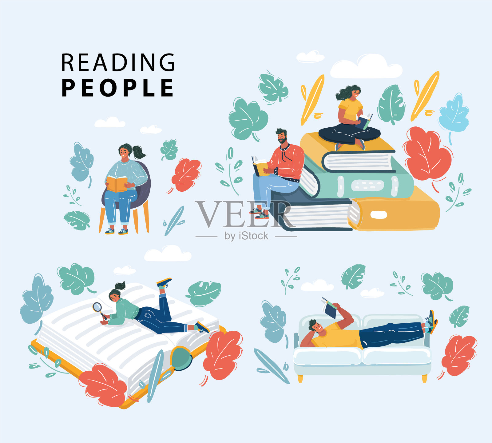 人们阅读书籍插画图片素材