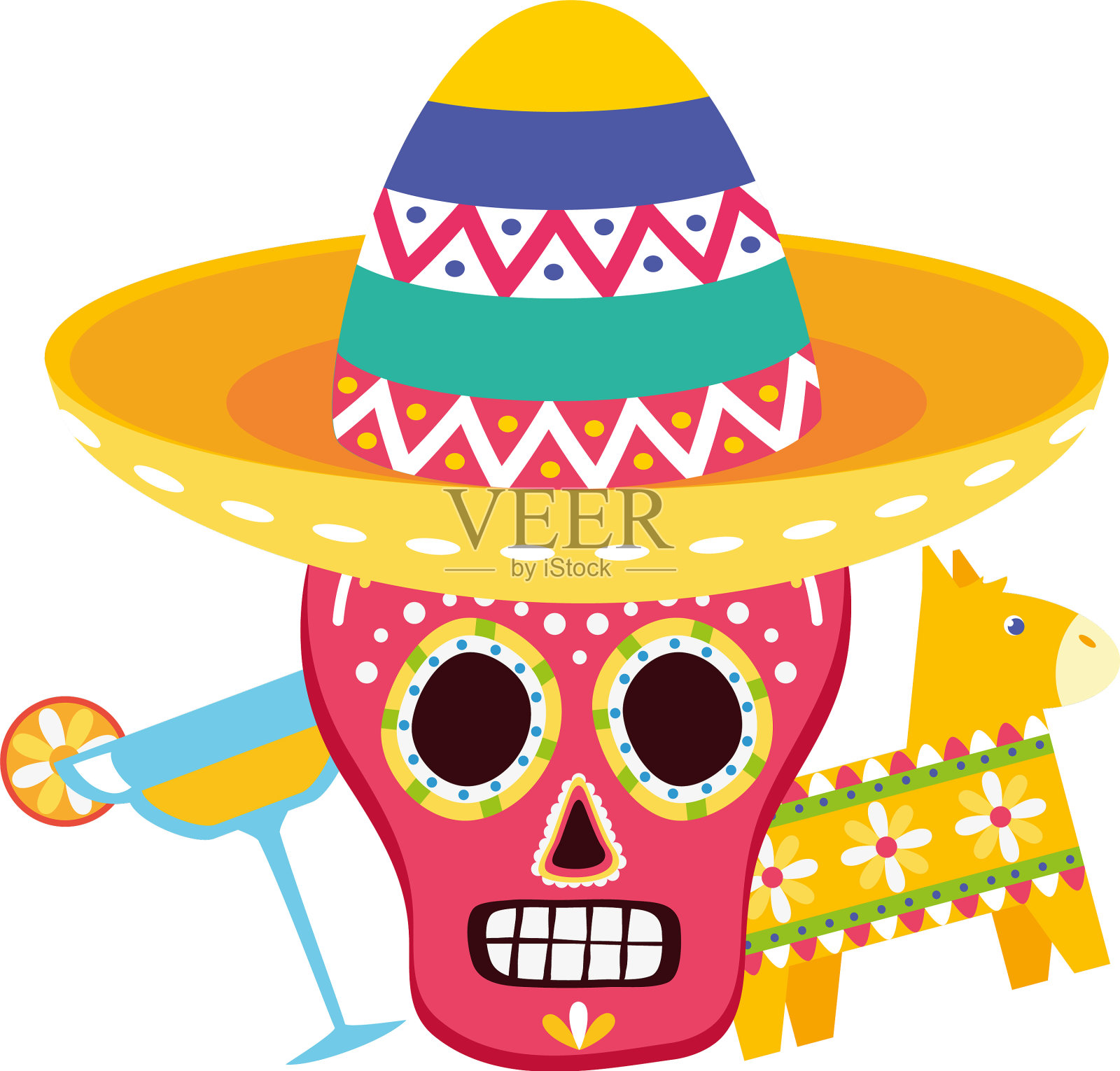 死骷髅面具和玛格丽塔鸡尾酒设计元素图片