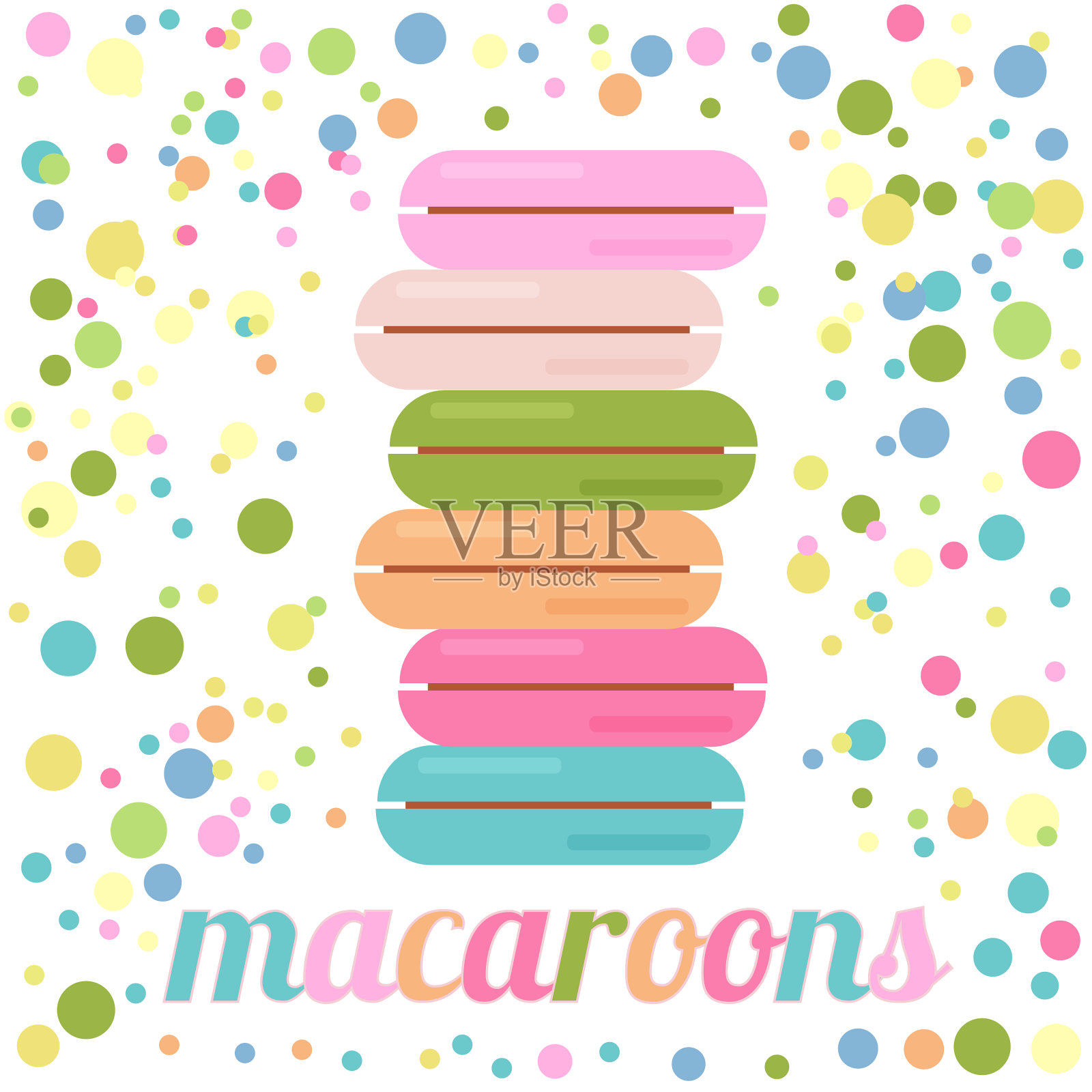 五彩缤纷的杏仁饼干,平铺在五彩纸屑上插画图片素材