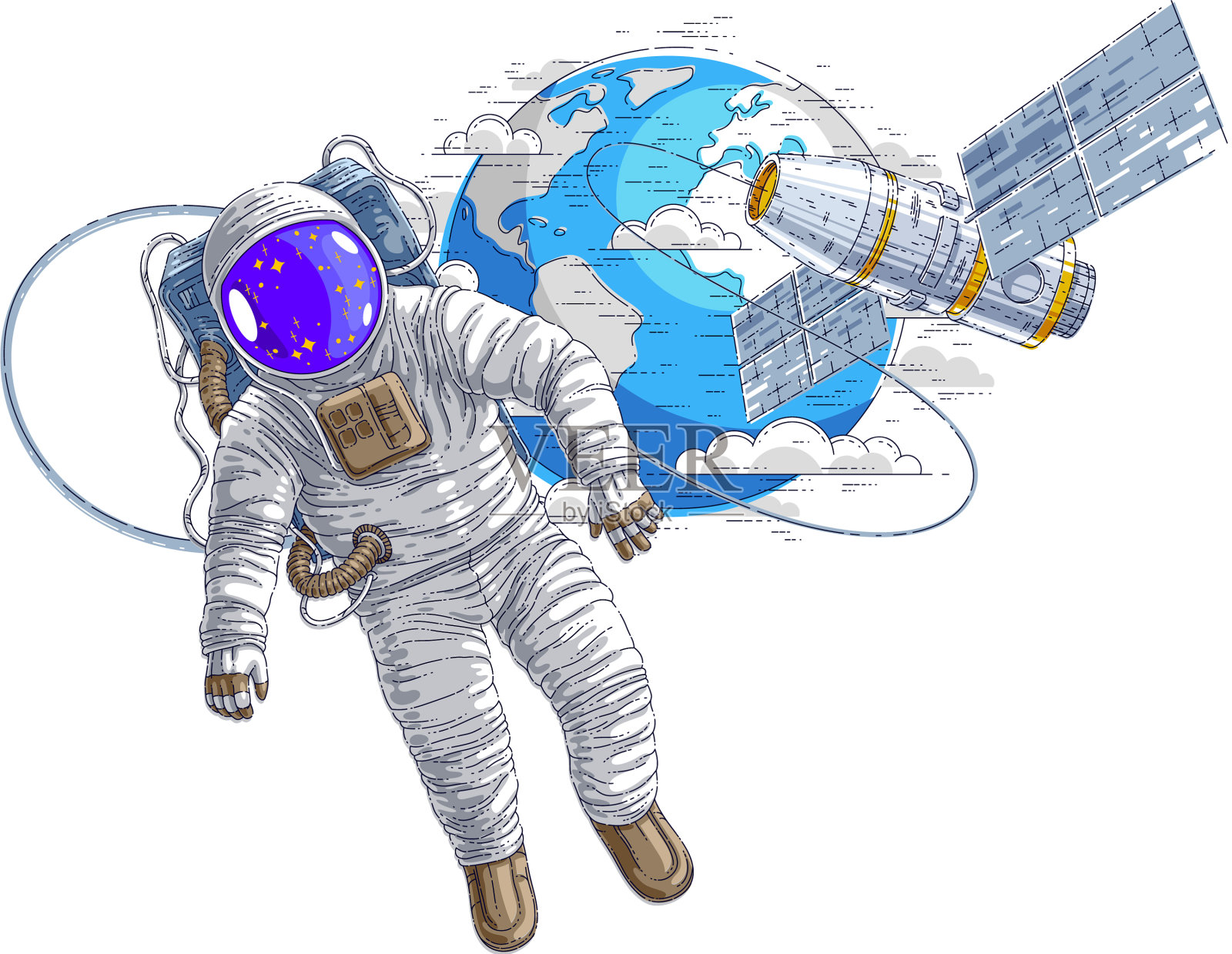 宇航员在与太空相连的开放空间飞行设计元素图片