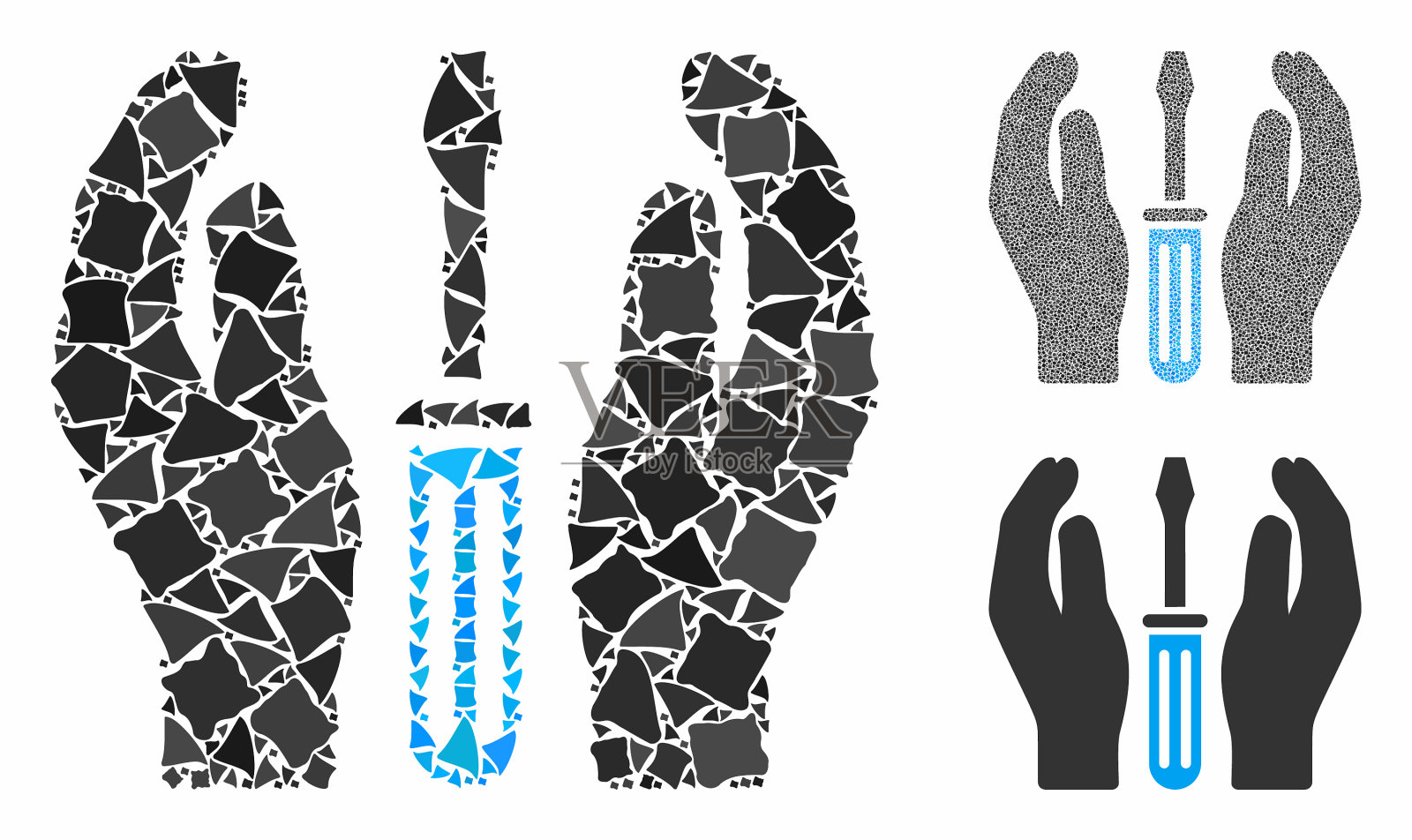 调音螺丝刀小心双手马赛克图标隆起插画图片素材