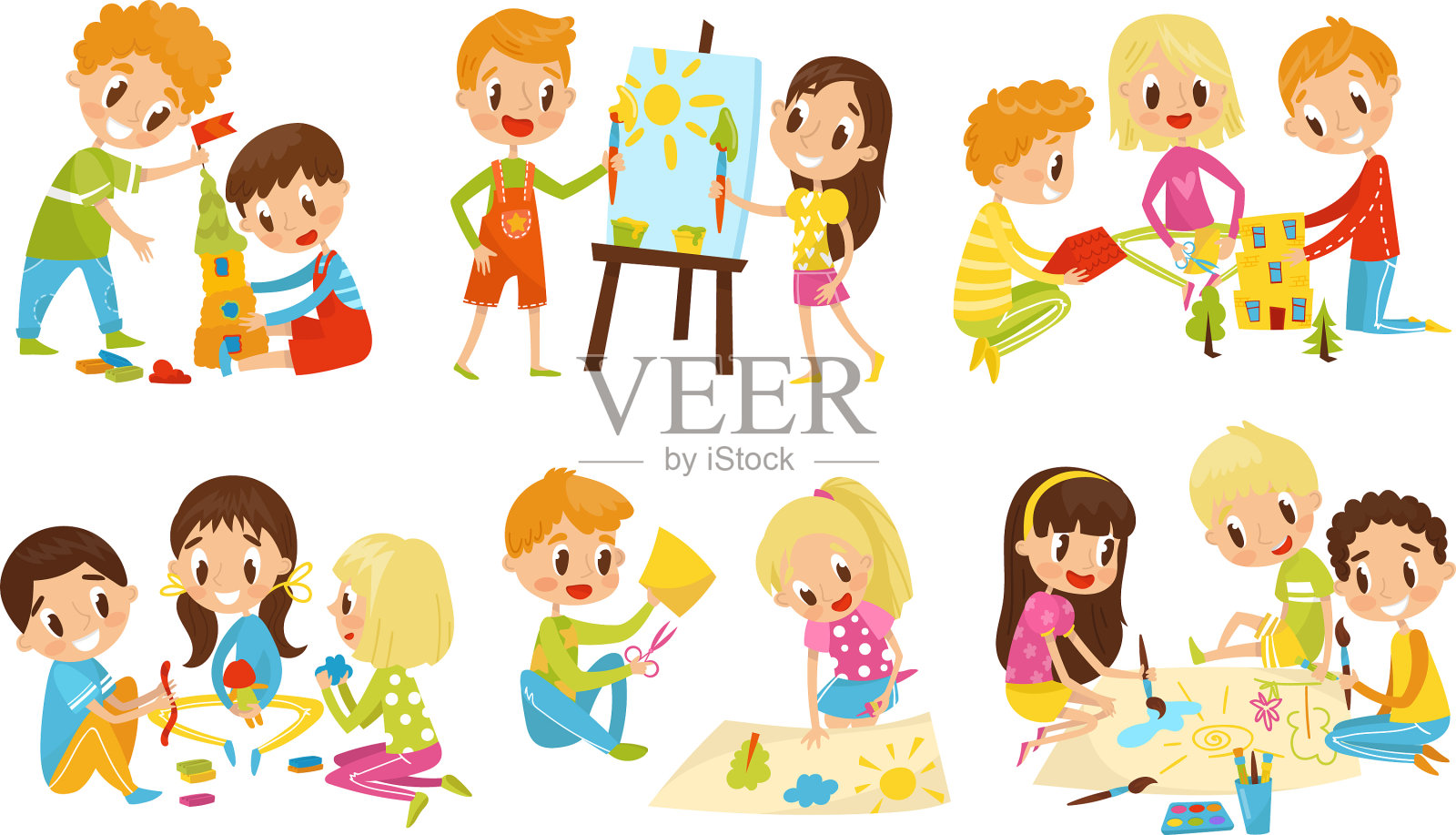 小孩子在一起做不同的事情插画图片素材