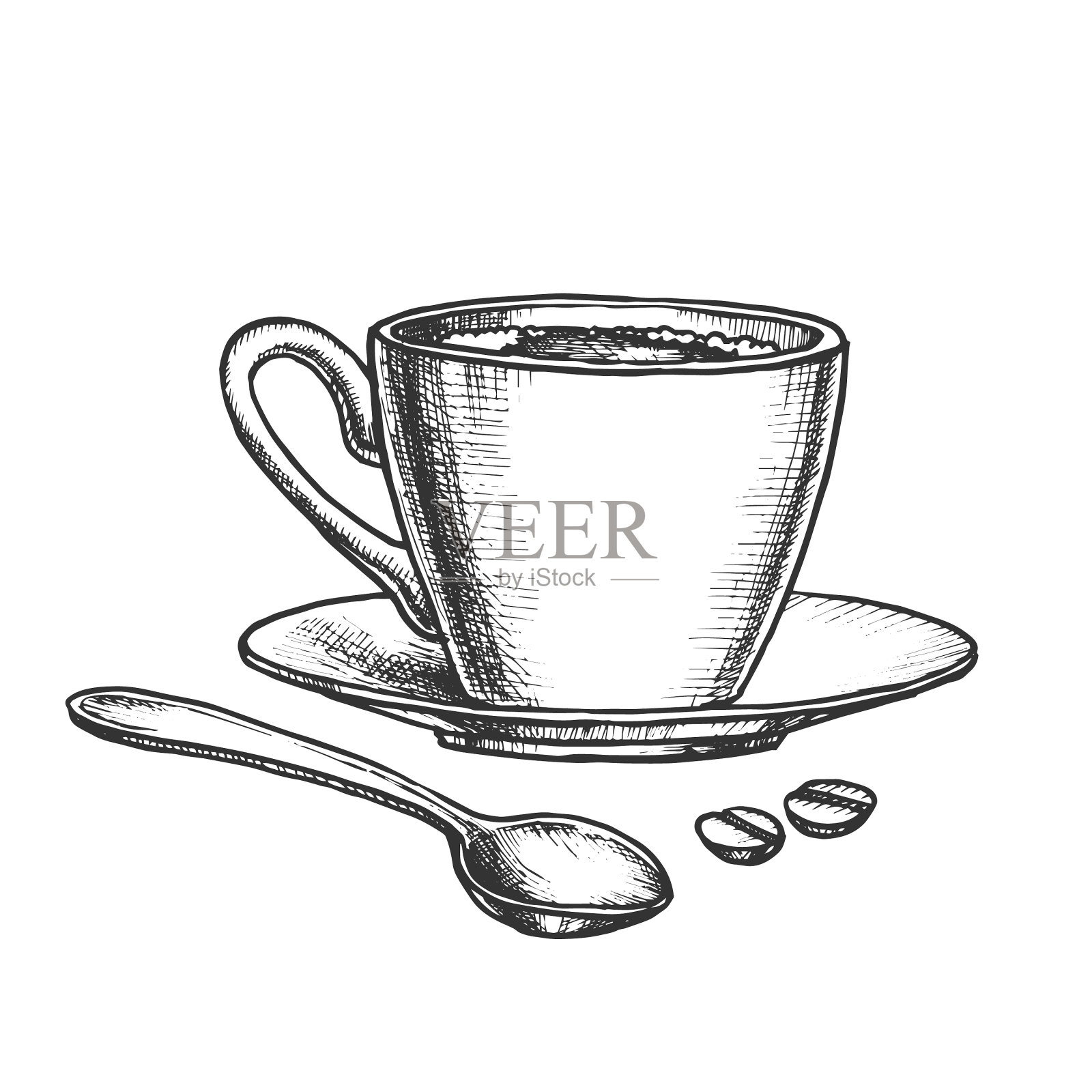 咖啡杯碟和勺子是单色的设计元素图片