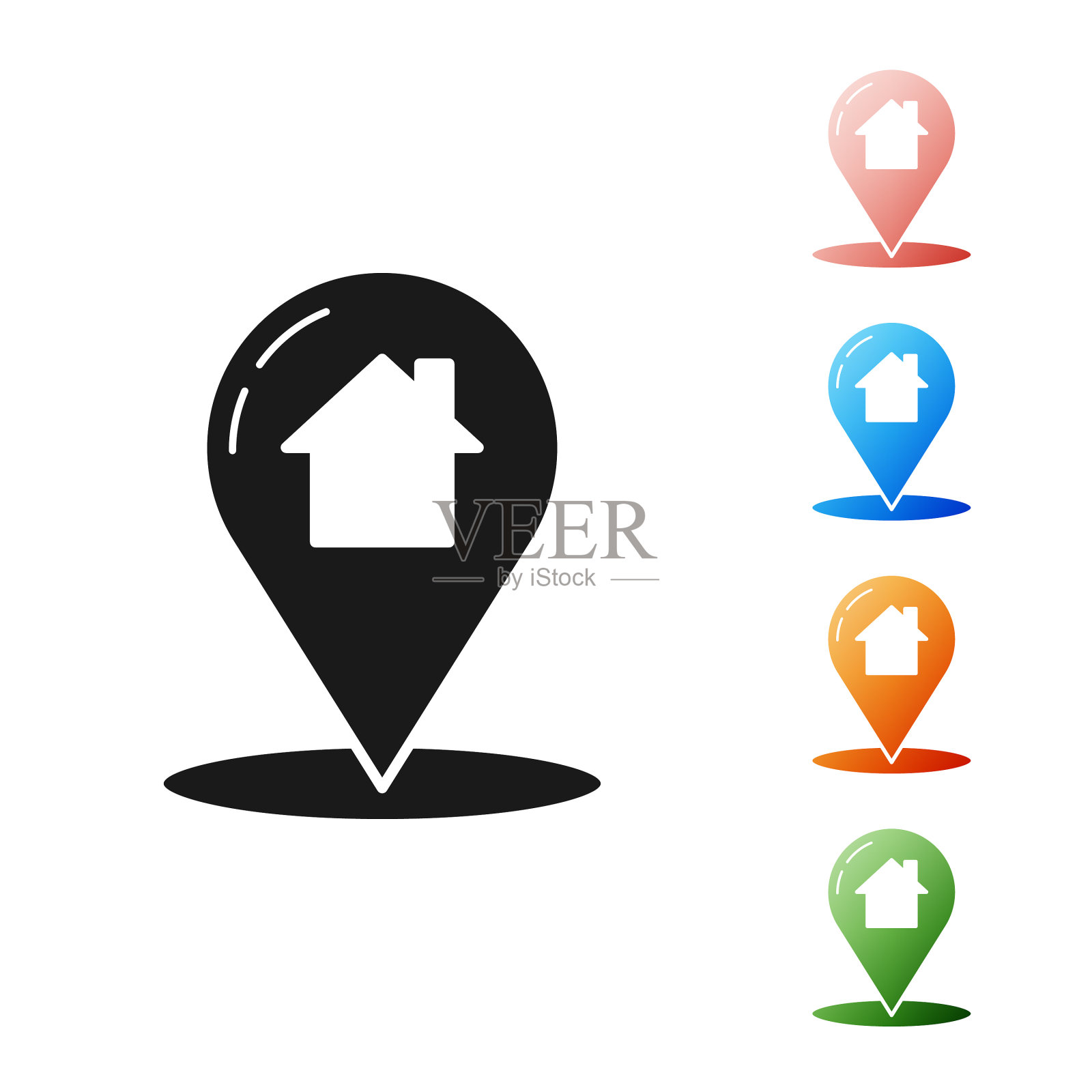 黑色地图指针与房子图标隔离插画图片素材
