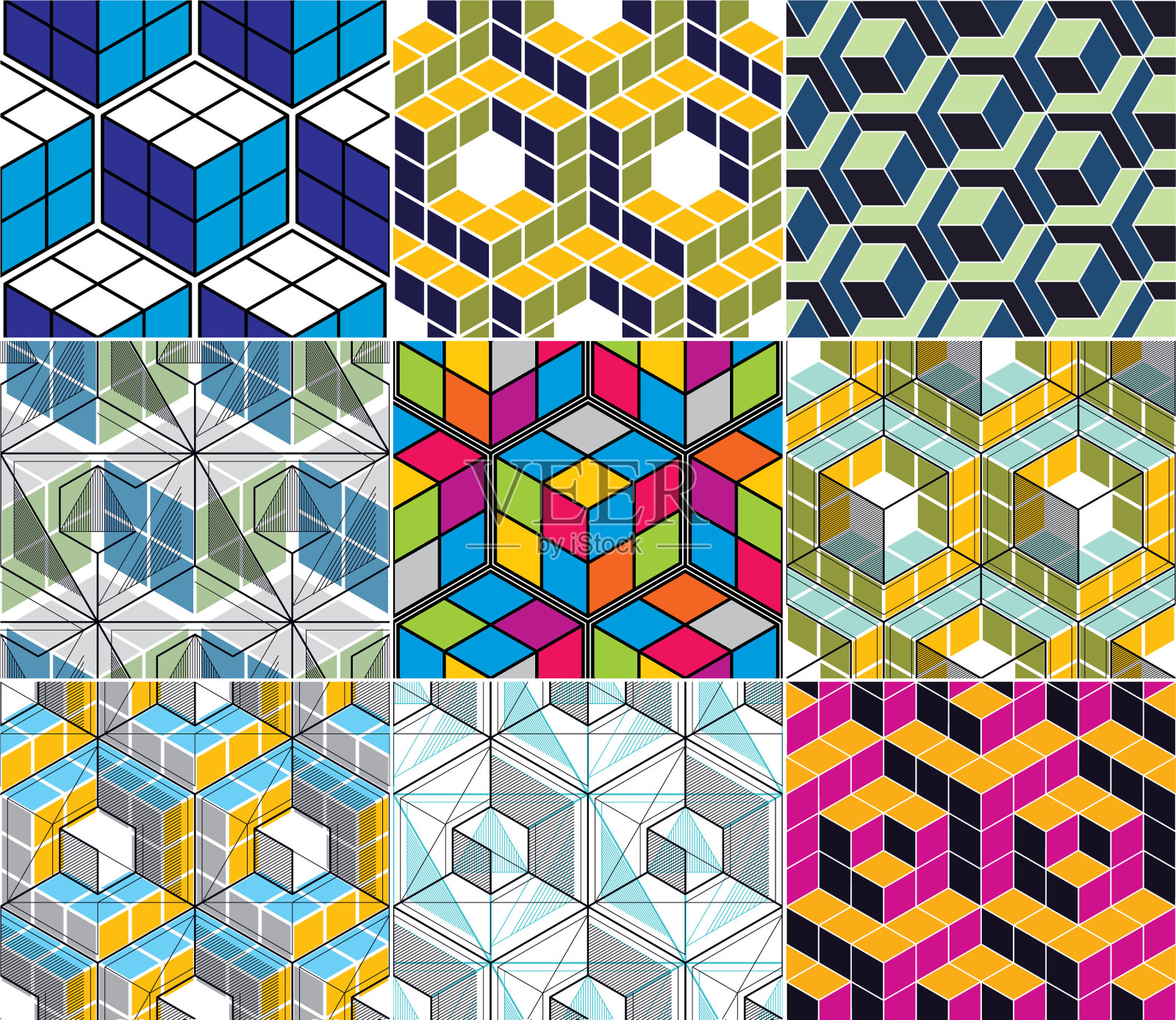 几何三维线抽象无缝模式集插画图片素材