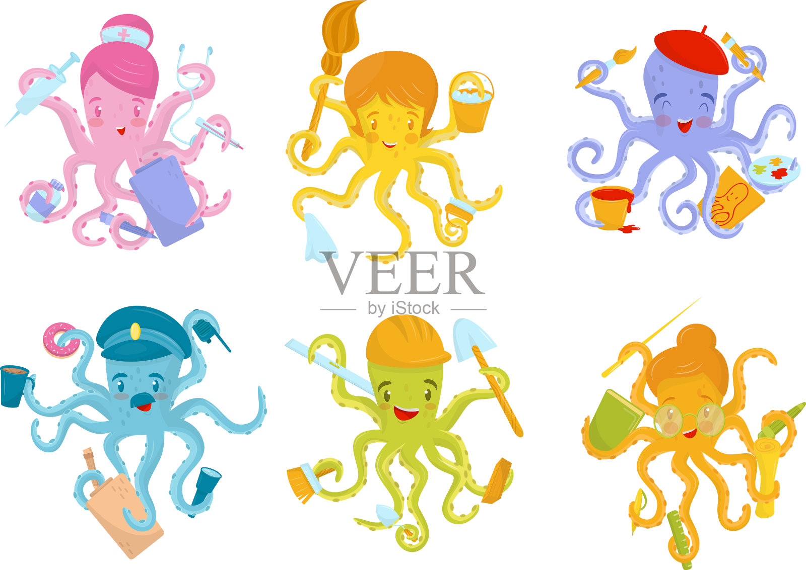 六只章鱼从事不同的职业插画图片素材