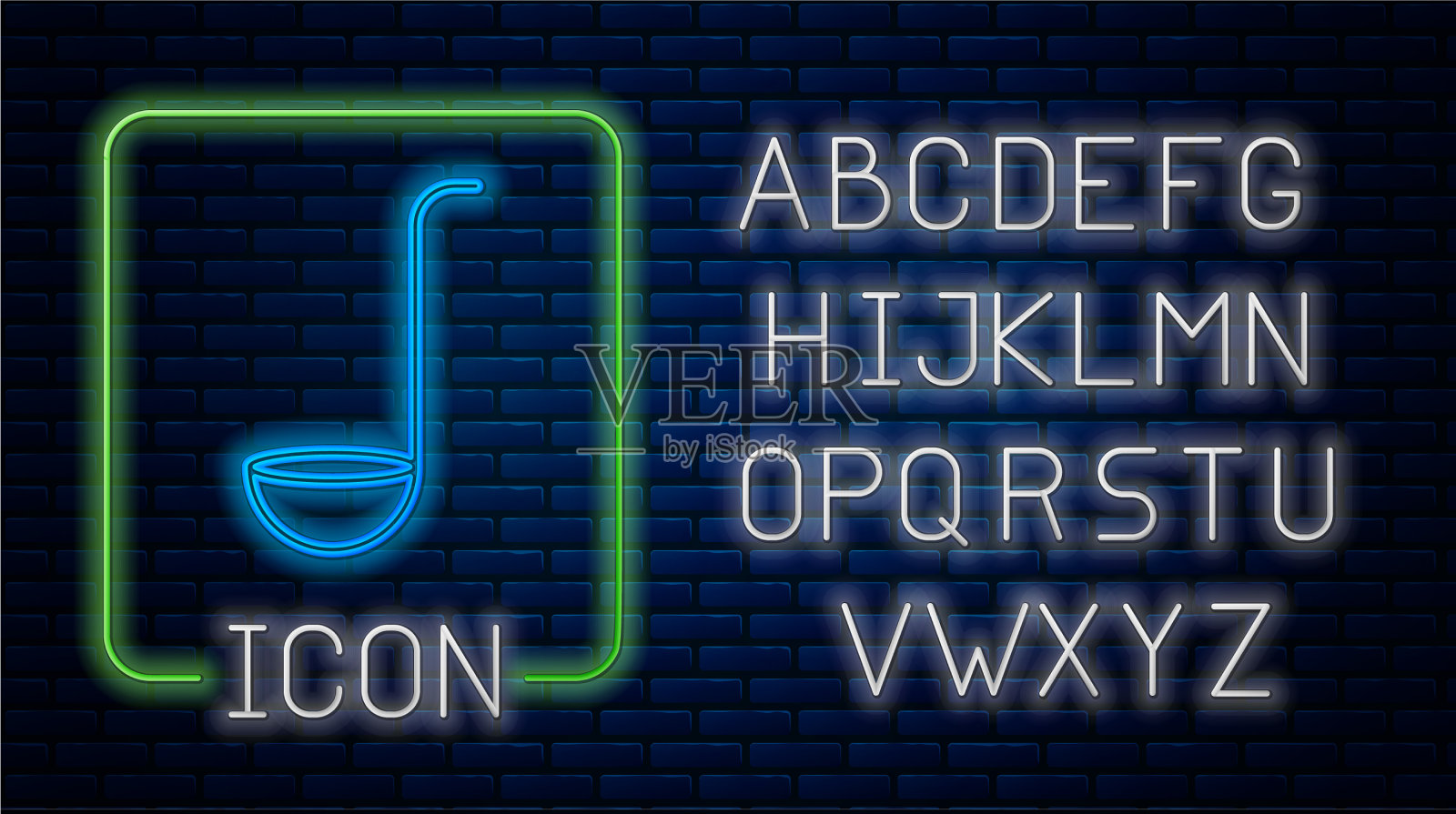 发光的霓虹灯厨房勺图标孤立在砖上插画图片素材