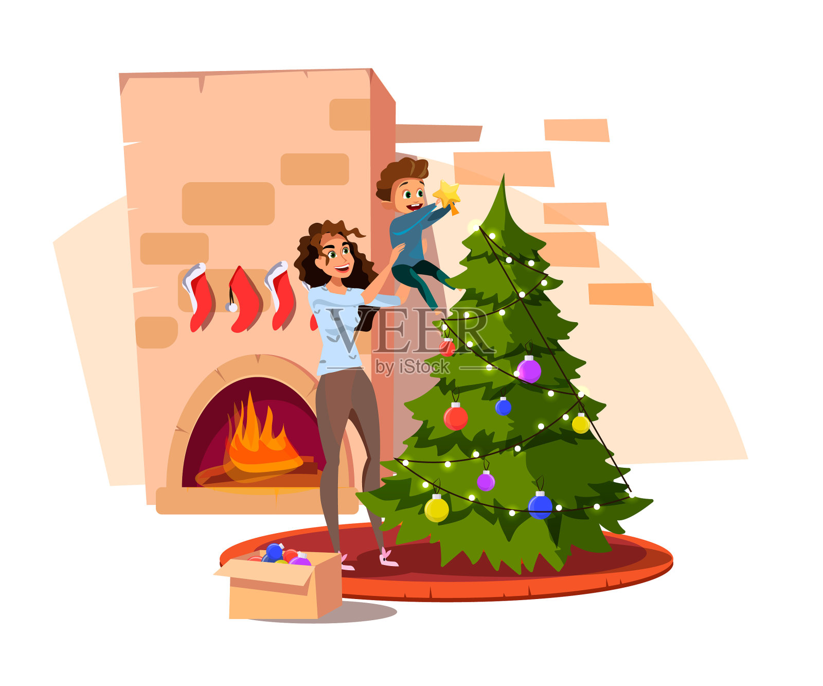 家庭装饰圣诞树平设计元素图片